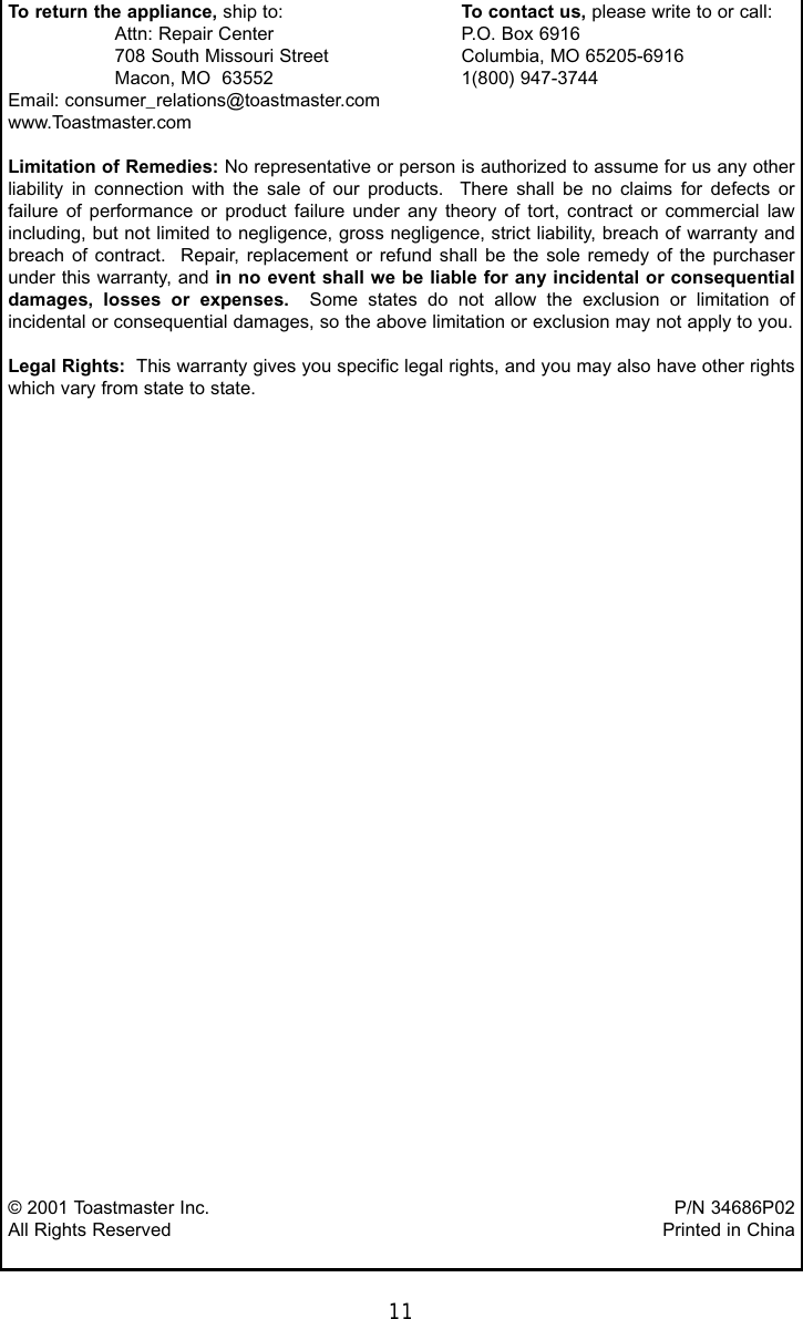 Toastmaster Trc5 Users Manual