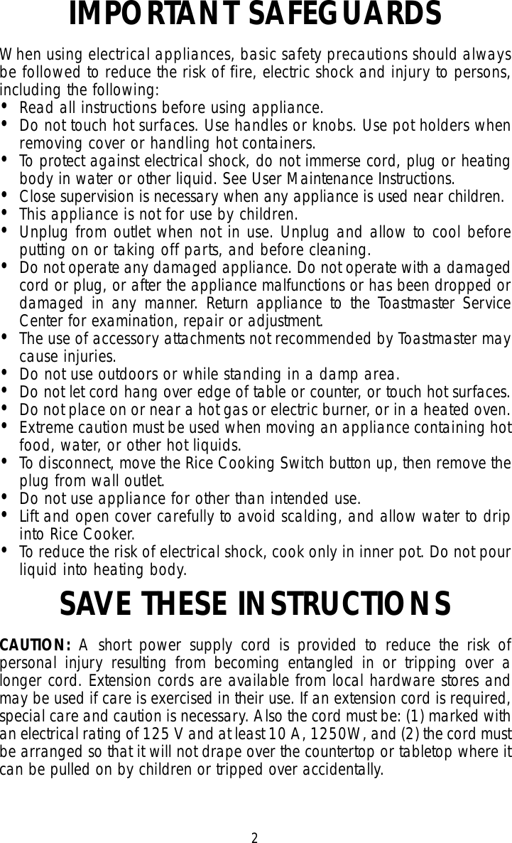Toastmaster Trc5 Users Manual