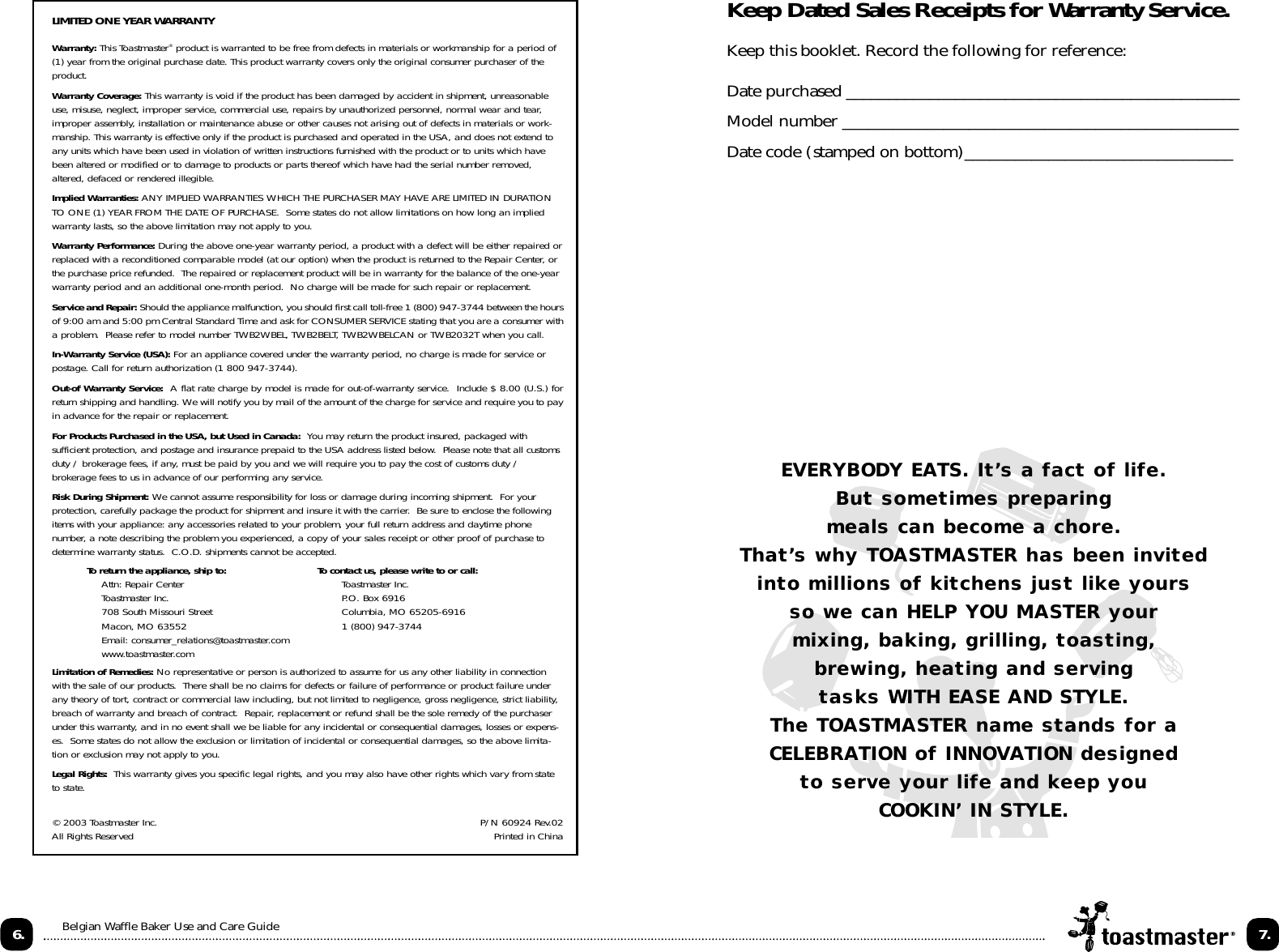 Page 8 of 8 - Toastmaster Toastmaster-Twb2032T-Users-Manual-  Toastmaster-twb2032t-users-manual