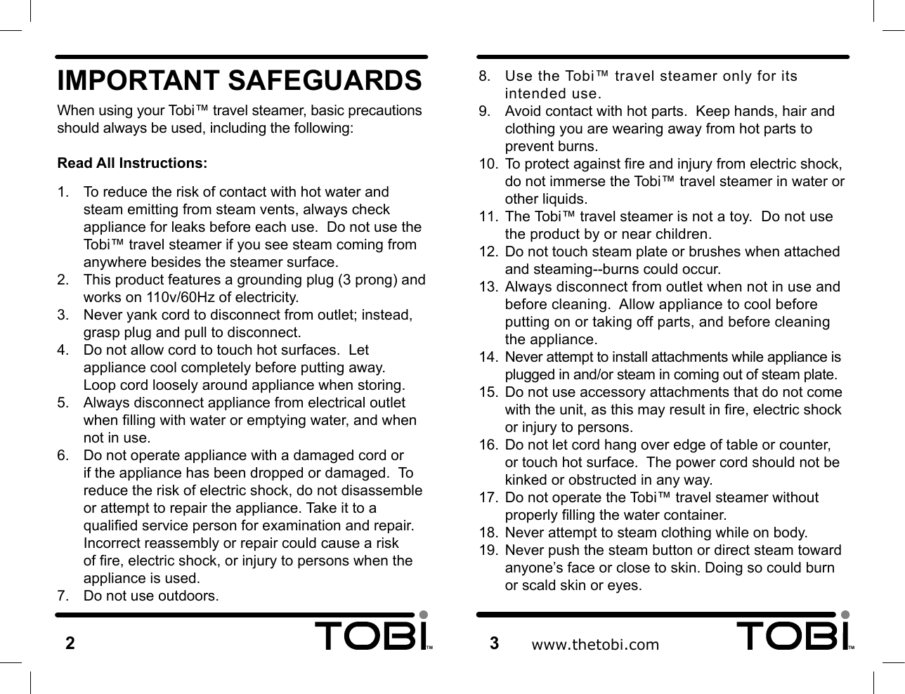 Page 3 of 10 - Tobi Tobi-Travel-Steamer-Tt081107-Users-Manual-  Tobi-travel-steamer-tt081107-users-manual