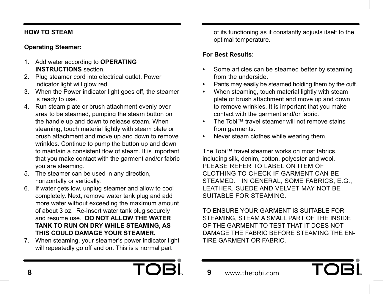 Page 6 of 10 - Tobi Tobi-Travel-Steamer-Tt081107-Users-Manual-  Tobi-travel-steamer-tt081107-users-manual