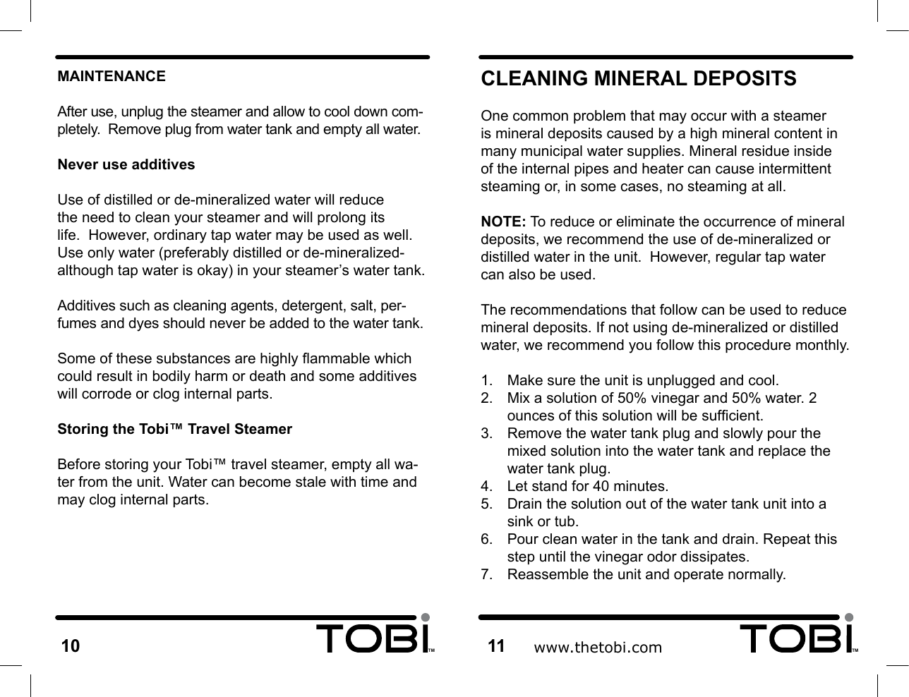 Page 7 of 10 - Tobi Tobi-Travel-Steamer-Tt081107-Users-Manual-  Tobi-travel-steamer-tt081107-users-manual