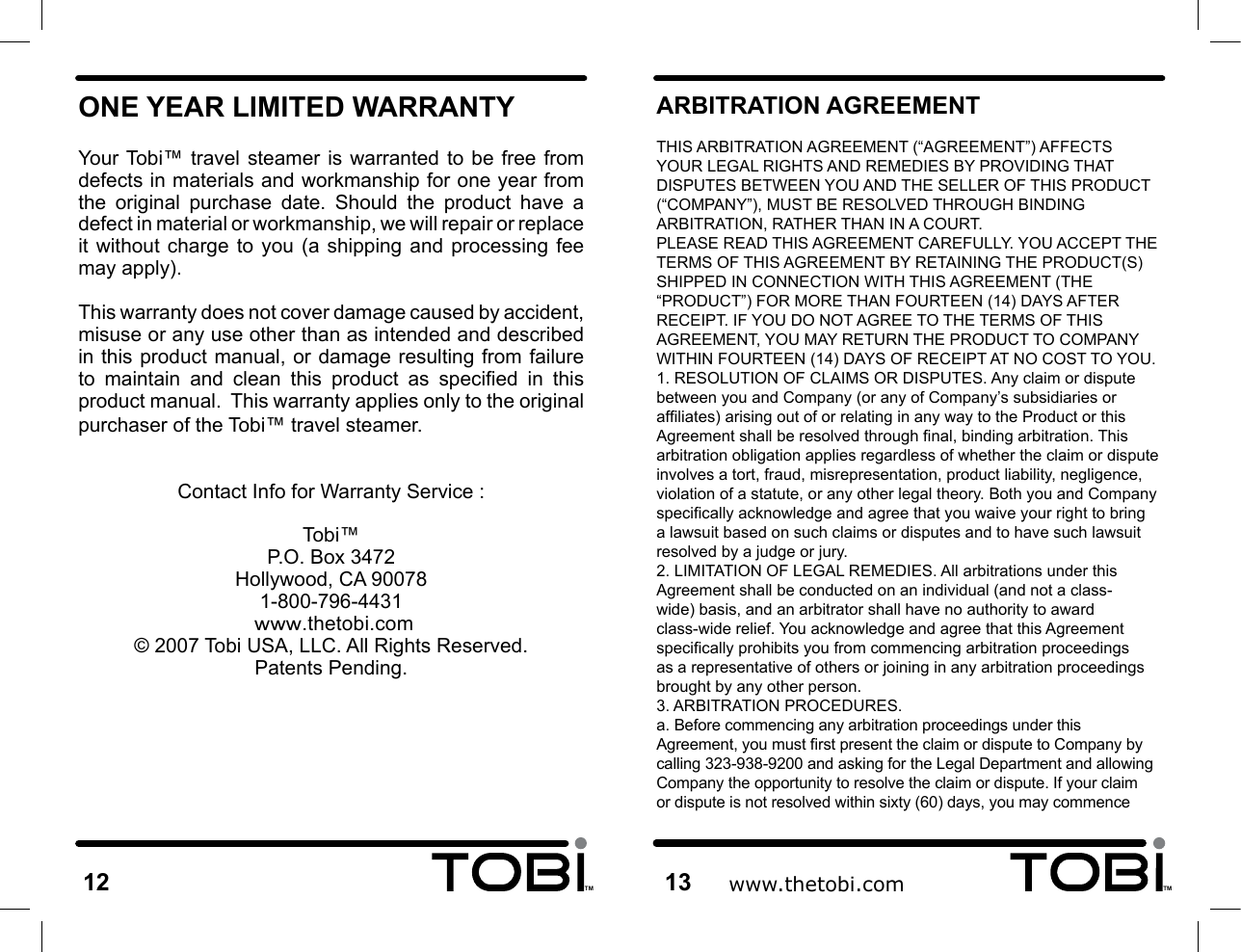 Page 8 of 10 - Tobi Tobi-Travel-Steamer-Tt081107-Users-Manual-  Tobi-travel-steamer-tt081107-users-manual
