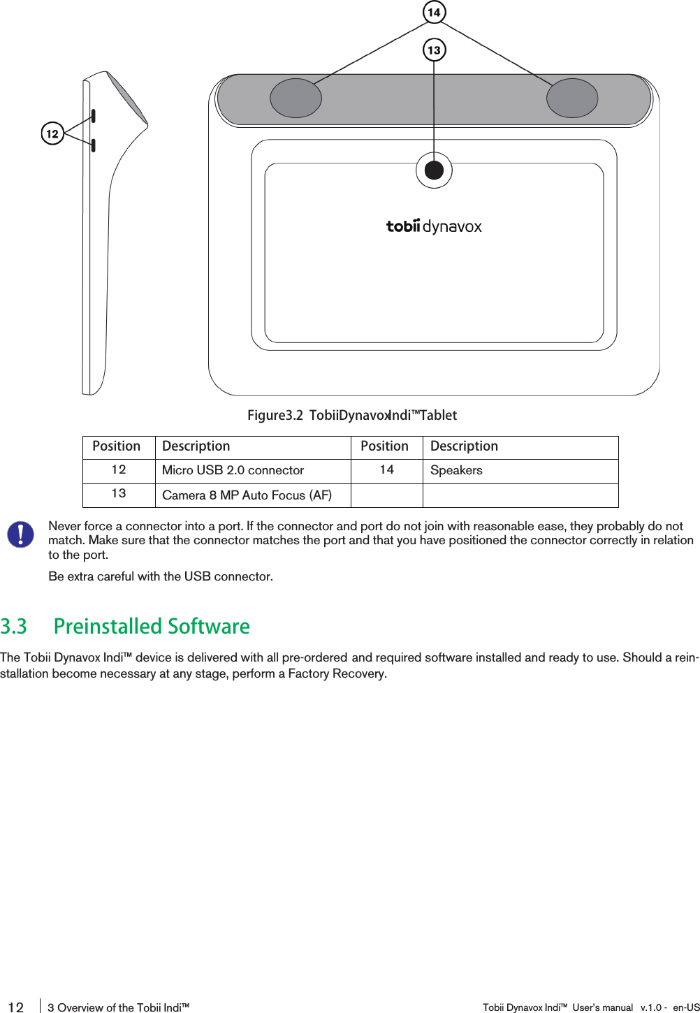 Figure3.2 TobiiDynavoxIndi󰔣TabletPosition Description Position Description12 Micro USB 2.0 connector 14 Speakers13 Camera 8 MP Auto Focus (AF)Never force a connector into a port. If the connector and port do not join with reasonable ease, they probably do notmatch. Make sure that the connector matches the port and that you have positioned the connector correctly in relationto the port.Be extra careful with the USB connector.3.3 Preinstalled SoftwareThe Tobii Dynavox Indi™ device is delivered with all pre-ordered and required software installed and ready to use. Should a rein-stallation become necessary at any stage, perform a Factory Recovery.12 3 Overview of the Tobii Indi™ Tobii Dynavox Indi™ User’s manual v.1.0 - en-US
