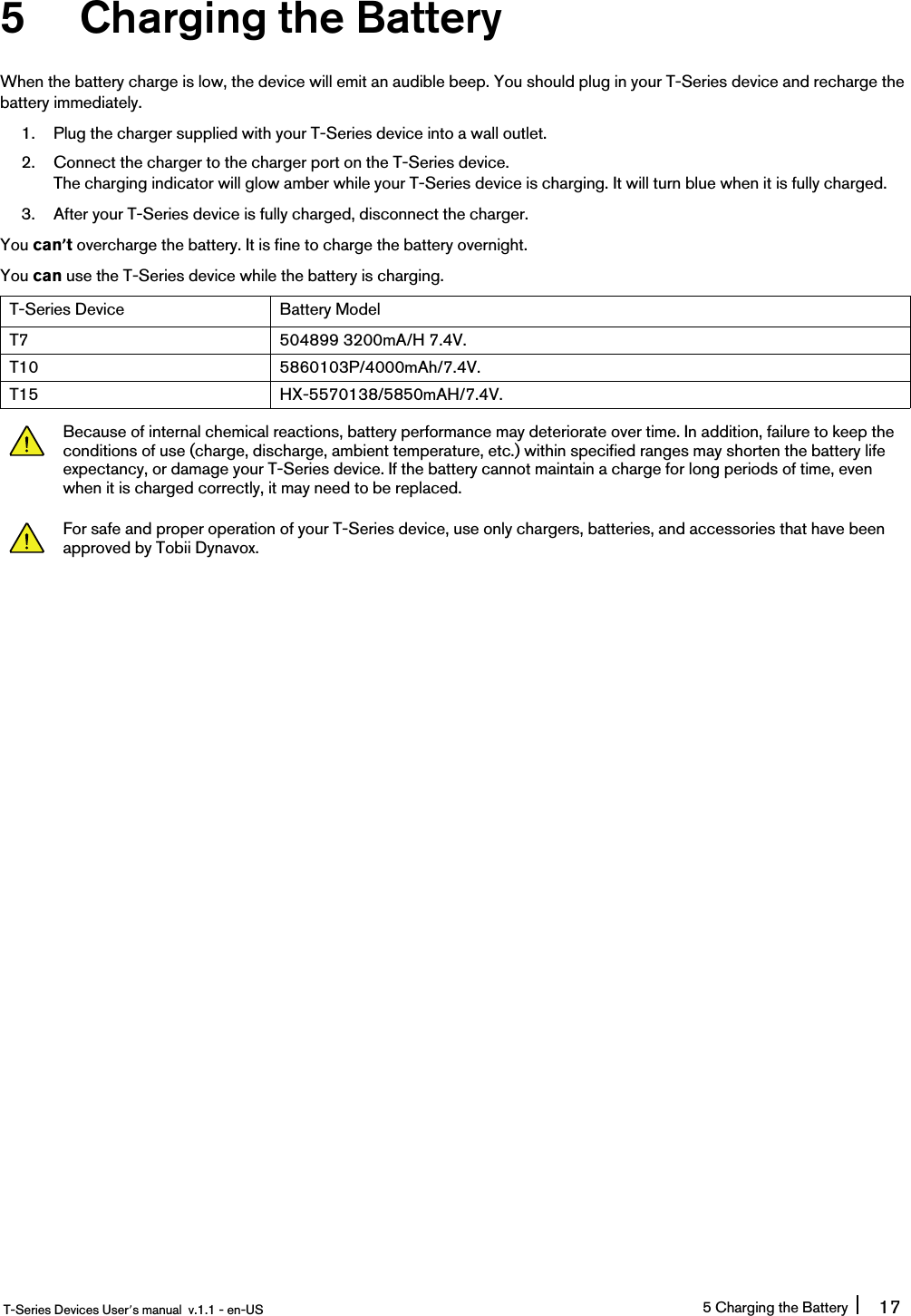 5 Charging the BatteryWhen the battery charge is low, the device will emit an audible beep. You should plug in your T-Series device and recharge thebattery immediately.1. Plug the charger supplied with your T-Series device into a wall outlet.2. Connect the charger to the charger port on the T-Series device.The charging indicator will glow amber while your T-Series device is charging. It will turn blue when it is fully charged.3. After your T-Series device is fully charged, disconnect the charger.You can’tovercharge the battery. It is fine to charge the battery overnight.You can use the T-Series device while the battery is charging.T-Series Device Battery ModelT7 504899 3200mA/H 7.4V.T10 5860103P/4000mAh/7.4V.T15 HX-5570138/5850mAH/7.4V.Because of internal chemical reactions, battery performance may deteriorate over time. In addition, failure to keep theconditions of use (charge, discharge, ambient temperature, etc.) within specified ranges may shorten the battery lifeexpectancy, or damage your T-Series device. If the battery cannot maintain a charge for long periods of time, evenwhen it is charged correctly, it may need to be replaced.For safe and proper operation of your T-Series device, use only chargers, batteries, and accessories that have beenapproved by Tobii Dynavox.T-Series Devices User’s manual v.1.1 - en-US 5 Charging the Battery 17