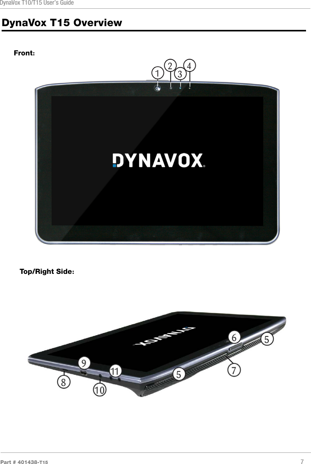 DynaVox T10/T15 User’s GuidePart # 401438-T15 7DynaVox T15 Overview  Front:Top/Right Side: