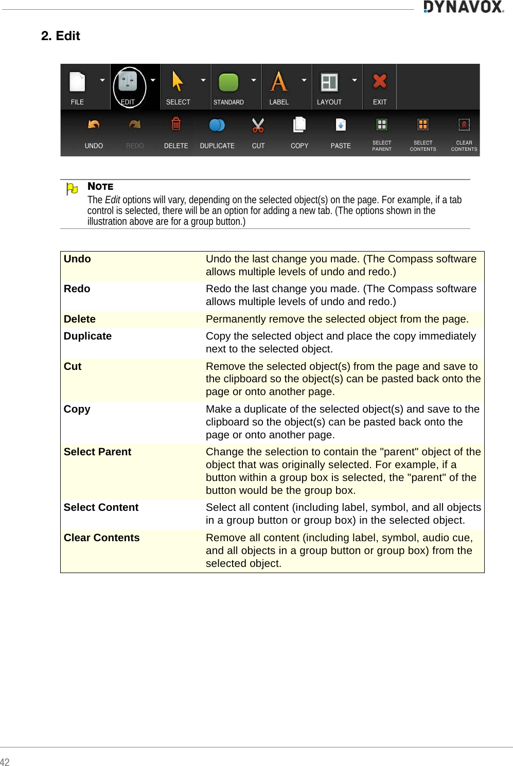 422. EditNOTEThe Edit options will vary, depending on the selected object(s) on the page. For example, if a tab control is selected, there will be an option for adding a new tab. (The options shown in the illustration above are for a group button.) Undo Undo the last change you made. (The Compass software allows multiple levels of undo and redo.)Redo Redo the last change you made. (The Compass software allows multiple levels of undo and redo.)Delete Permanently remove the selected object from the page.Duplicate Copy the selected object and place the copy immediately next to the selected object.Cut Remove the selected object(s) from the page and save to the clipboard so the object(s) can be pasted back onto the page or onto another page.Copy Make a duplicate of the selected object(s) and save to the clipboard so the object(s) can be pasted back onto the page or onto another page.Select Parent Change the selection to contain the &quot;parent&quot; object of the object that was originally selected. For example, if a button within a group box is selected, the &quot;parent&quot; of the button would be the group box.Select Content Select all content (including label, symbol, and all objects in a group button or group box) in the selected object.Clear Contents Remove all content (including label, symbol, audio cue, and all objects in a group button or group box) from the selected object.