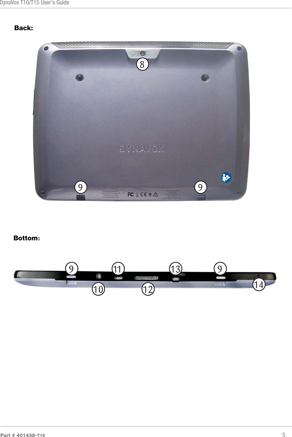 DynaVox T10/T15 User’s GuidePart # 401438-T15 589 9Back:Bottom:10111213149 9