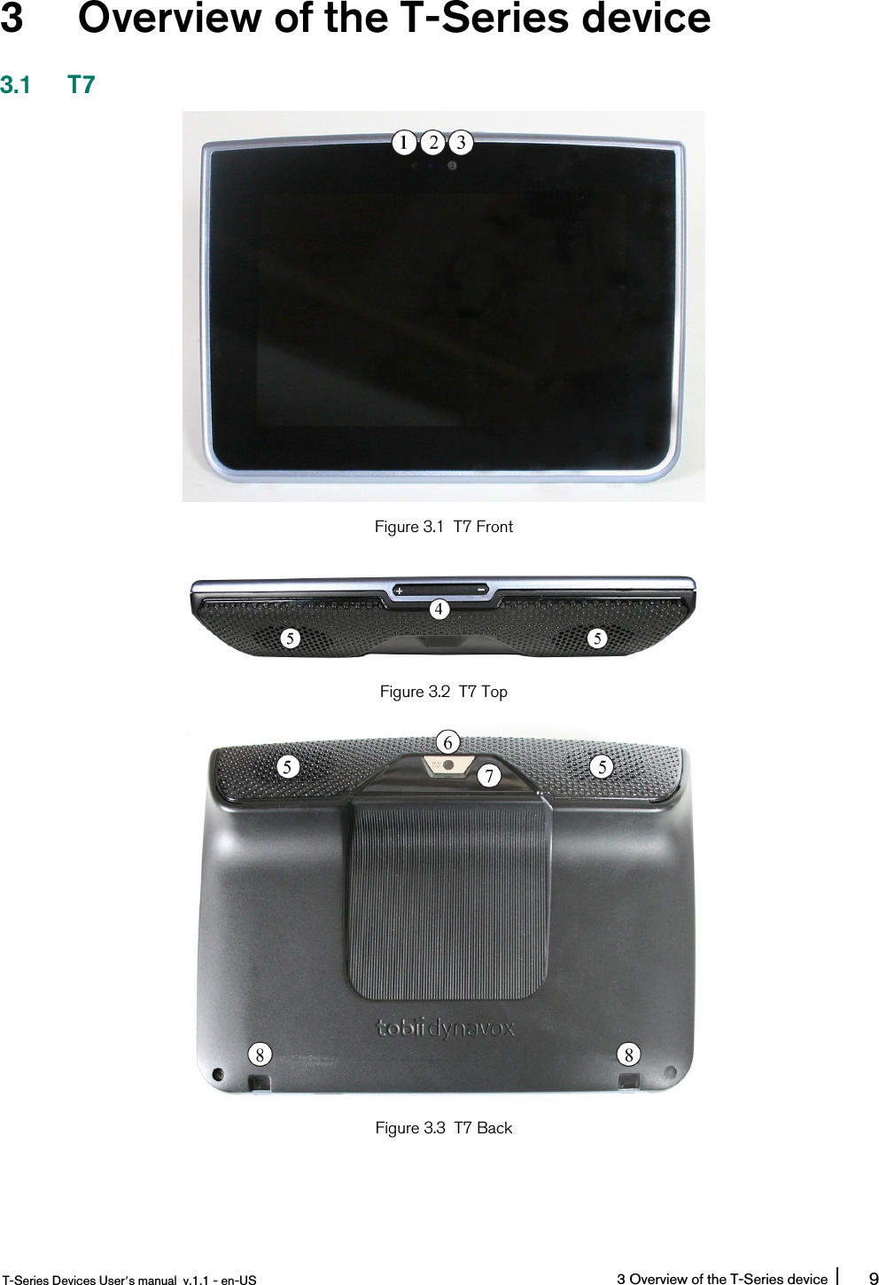 3 Overview of the T-Series device3.1 T7Figure 3.1 T7 FrontFigure 3.2 T7 TopFigure 3.3 T7 BackT-Series Devices User’s manual v.1.1 - en-US 3 Overview of the T-Series device 9