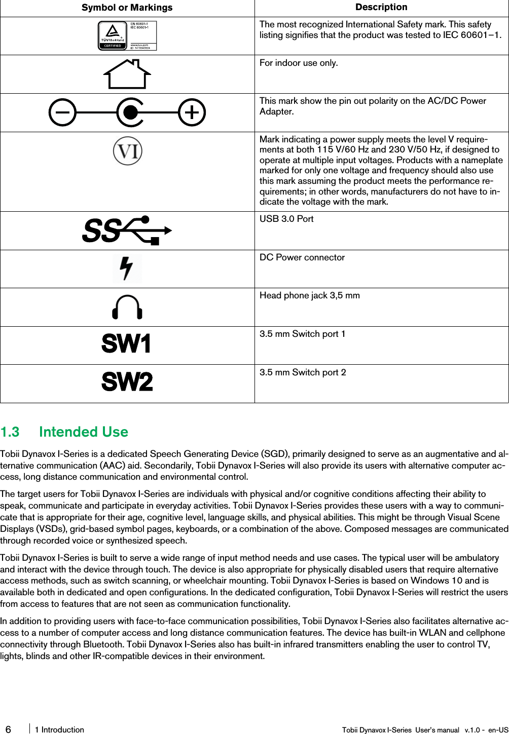 Symbol or Markings DescriptionThe most recognized International Safety mark. This safetylisting signifies that the product was tested to IEC 60601–1.For indoor use only.This mark show the pin out polarity on the AC/DC PowerAdapter.Mark indicating a power supply meets the level V require-ments at both 115 V/60 Hz and 230 V/50 Hz, if designed tooperate at multiple input voltages. Products with a nameplatemarked for only one voltage and frequency should also usethis mark assuming the product meets the performance re-quirements; in other words, manufacturers do not have to in-dicate the voltage with the mark.USB 3.0 PortDC Power connectorHead phone jack 3,5 mm3.5 mm Switch port 13.5 mm Switch port 21.3 Intended UseTobii Dynavox I-Series is a dedicated Speech Generating Device (SGD), primarily designed to serve as an augmentative and al-ternative communication (AAC) aid. Secondarily, Tobii Dynavox I-Series will also provide its users with alternative computer ac-cess, long distance communication and environmental control.The target users for Tobii Dynavox I-Series are individuals with physical and/or cognitive conditions affecting their ability tospeak, communicate and participate in everyday activities. Tobii Dynavox I-Series provides these users with a way to communi-cate that is appropriate for their age, cognitive level, language skills, and physical abilities. This might be through Visual SceneDisplays (VSDs), grid-based symbol pages, keyboards, or a combination of the above. Composed messages are communicatedthrough recorded voice or synthesized speech.Tobii Dynavox I-Series is built to serve a wide range of input method needs and use cases. The typical user will be ambulatoryand interact with the device through touch. The device is also appropriate for physically disabled users that require alternativeaccess methods, such as switch scanning, or wheelchair mounting. Tobii Dynavox I-Series is based on Windows 10 and isavailable both in dedicated and open configurations. In the dedicated configuration, Tobii Dynavox I-Series will restrict the usersfrom access to features that are not seen as communication functionality.In addition to providing users with face-to-face communication possibilities, Tobii Dynavox I-Series also facilitates alternative ac-cess to a number of computer access and long distance communication features. The device has built-in WLAN and cellphoneconnectivity through Bluetooth. Tobii Dynavox I-Series also has built-in infrared transmitters enabling the user to control TV,lights, blinds and other IR-compatible devices in their environment.61 Introduction Tobii Dynavox I-Series User’s manual v.1.0 - en-US