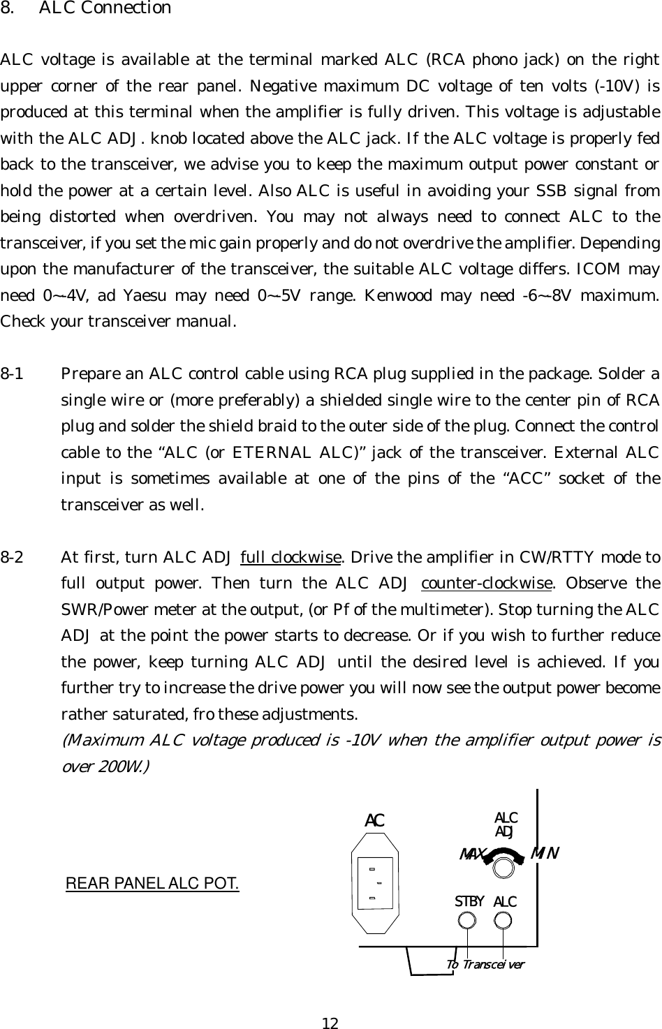 8. ALC Connection  ALC voltage is available at the terminal marked ALC (RCA phono jack) on the right upper corner of the rear panel. Negative maximum DC voltage of ten volts (-10V) is produced at this terminal when the amplifier is fully driven. This voltage is adjustable with the ALC ADJ. knob located above the ALC jack. If the ALC voltage is properly fed back to the transceiver, we advise you to keep the maximum output power constant or hold the power at a certain level. Also ALC is useful in avoiding your SSB signal from being distorted when overdriven. You may not always need to connect ALC to the transceiver, if you set the mic gain properly and do not overdrive the amplifier. Depending upon the manufacturer of the transceiver, the suitable ALC voltage differs. ICOM may need 0~-4V, ad Yaesu may need 0~-5V range. Kenwood may need -6~-8V maximum. Check your transceiver manual.  8-1  Prepare an ALC control cable using RCA plug supplied in the package. Solder a single wire or (more preferably) a shielded single wire to the center pin of RCA plug and solder the shield braid to the outer side of the plug. Connect the control cable to the “ALC (or ETERNAL ALC)” jack of the transceiver. External ALC input is sometimes available at one of the pins of the “ACC” socket of the transceiver as well.  8-2  At first, turn ALC ADJ full clockwise. Drive the amplifier in CW/RTTY mode to full output power. Then turn the ALC ADJ counter-clockwise. Observe the SWR/Power meter at the output, (or Pf of the multimeter). Stop turning the ALC ADJ at the point the power starts to decrease. Or if you wish to further reduce the power, keep turning ALC ADJ until the desired level is achieved. If you further try to increase the drive power you will now see the output power become rather saturated, fro these adjustments. (Maximum ALC voltage produced is -10V when the amplifier output power is over 200W.) REAR PANEL ALC POT. STBY ALCALCADJACTo TransceiverMINMAX 12 