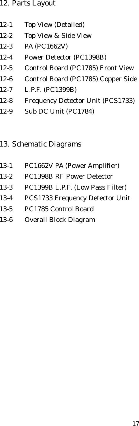 12. Parts Layout  12-1  Top View (Detailed) 12-2  Top View &amp; Side View 12-3 PA (PC1662V) 12-4  Power Detector (PC1398B) 12-5  Control Board (PC1785) Front View 12-6  Control Board (PC1785) Copper Side 12-7 L.P.F. (PC1399B) 12-8  Frequency Detector Unit (PCS1733) 12-9  Sub DC Unit (PC1784)   13. Schematic Diagrams  13-1  PC1662V PA (Power Amplifier) 13-2  PC1398B RF Power Detector 13-3  PC1399B L.P.F. (Low Pass Filter) 13-4  PCS1733 Frequency Detector Unit 13-5  PC1785 Control Board 13-6  Overall Block Diagram 17 