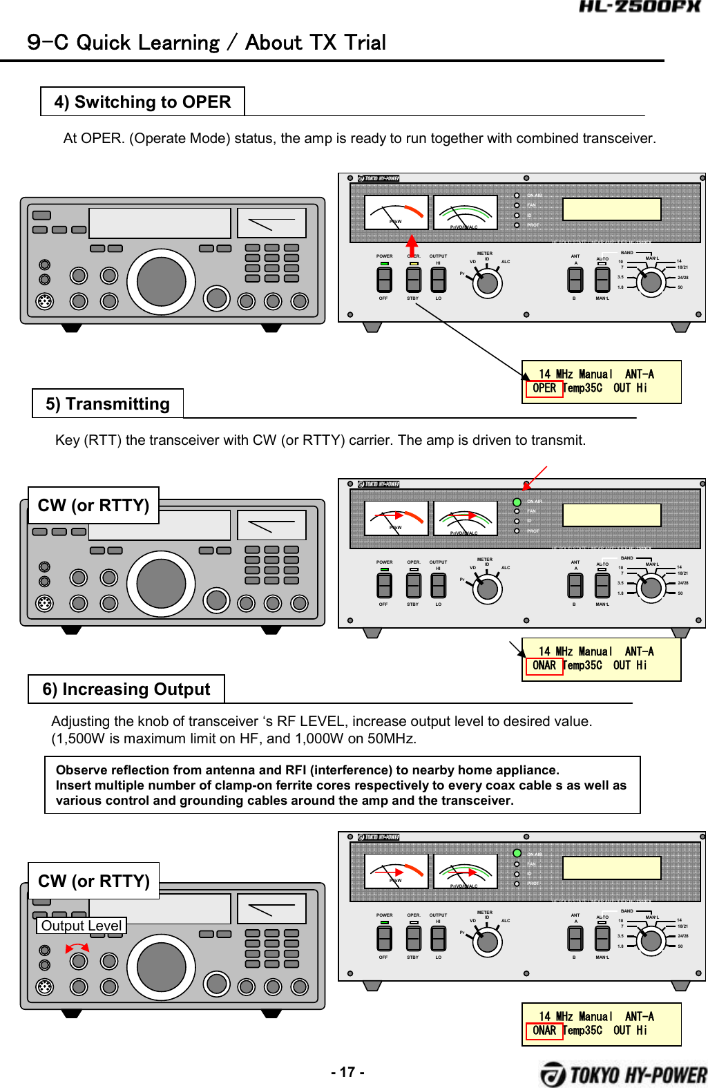 -17 -POWER OPER. METERPrVD ALCOFF STBYBANDAUTOMAN’LON AIRFANIDPROTPf/kWHF SOLID STATE LINEAR AMPLIFIER HL-2500FXMAN’L1.83.5710 1418/2124/2850Pr/VD/ID/ALCOUTPUTHILOANTABIDPOWER OPER. METERPrVD ALCOFF STBYBANDAUTOMAN’LONAIRFANIDPROTPf/kWHFSOLID STATE LINEAR AMPLIFIER HL-2500FXMAN’L1.83.5710 1418/2124/2850Pr/VD/ID/ALCOUTPUTHILOANTABIDPOWER OPER. METERPrVDALCOFF STBYBANDAUTOMAN’LON AIRFANIDPROTPf/kWHF SOLID STATE LINEAR AMPLIFIER HL-2500FXMAN’L1.83.57101418/2124/2850Pr/VD/ID/ALCOUTPUTHILOANTABID4) Switching to OPER９-C Quick Learning / About TX Trial14  MHz  Manual    ANT-A    OPER  Temp35C    OUT  HiAt OPER. (Operate Mode) status, the amp is ready to run together with combined transceiver.5) Transmitting14  MHz  Manual    ANT-A    ONAR  Temp35C    OUT  HiKey (RTT) the transceiver with CW (or RTTY) carrier. The amp is driven to transmit.CW (or RTTY)6) Increasing Output14  MHz  Manual    ANT-A    ONAR  Temp35C    OUT  HiAdjusting the knob of transceiver ‘s RF LEVEL, increase output level to desired value. (1,500W is maximum limit on HF, and 1,000W on 50MHz.CW (or RTTY)Output LevelObserve reflection from antenna and RFI (interference) to nearby home appliance.Insert multiple number of clamp-on ferrite cores respectively to every coax cable s as well as various control and grounding cables around the amp and the transceiver.