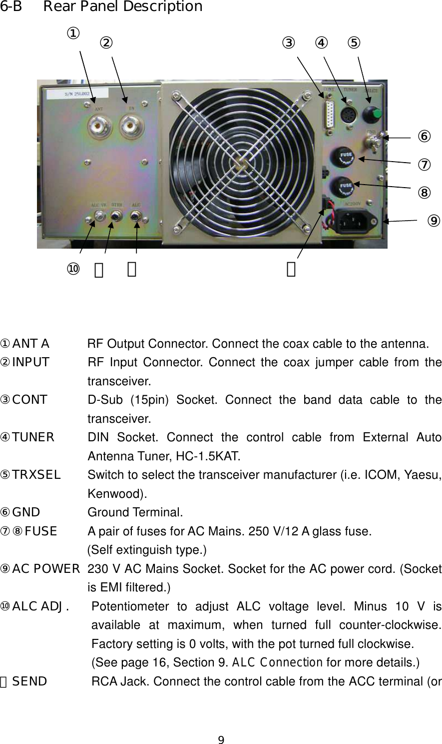 9 6-B  Rear Panel Description                  ①ANT A  RF Output Connector. Connect the coax cable to the antenna. ②INPUT  RF  Input Connector. Connect the coax  jumper cable from the transceiver. ③CONT  D-Sub  (15pin)  Socket.  Connect  the  band  data  cable  to  the transceiver. ④TUNER  DIN  Socket.  Connect  the  control  cable  from  External  Auto Antenna Tuner, HC-1.5KAT. ⑤TRXSEL  Switch to select the transceiver manufacturer (i.e. ICOM, Yaesu, Kenwood). ⑥GND Ground Terminal. ⑦⑧FUSE  A pair of fuses for AC Mains. 250 V/12 A glass fuse.   (Self extinguish type.) ⑨AC POWER  230 V AC Mains Socket. Socket for the AC power cord. (Socket is EMI filtered.) ⑩ALC ADJ.  Potentiometer  to  adjust  ALC  voltage  level.  Minus  10  V  is available  at  maximum,  when  turned  full  counter-clockwise. Factory setting is 0 volts, with the pot turned full clockwise.   (See page 16, Section 9. ALC Connection for more details.) ⑪SEND  RCA Jack. Connect the control cable from the ACC terminal (or ① ② ③ ④ ⑤ ⑥ ⑦ ⑧ ⑨ ⑬ ⑫ ⑪ ⑩ 