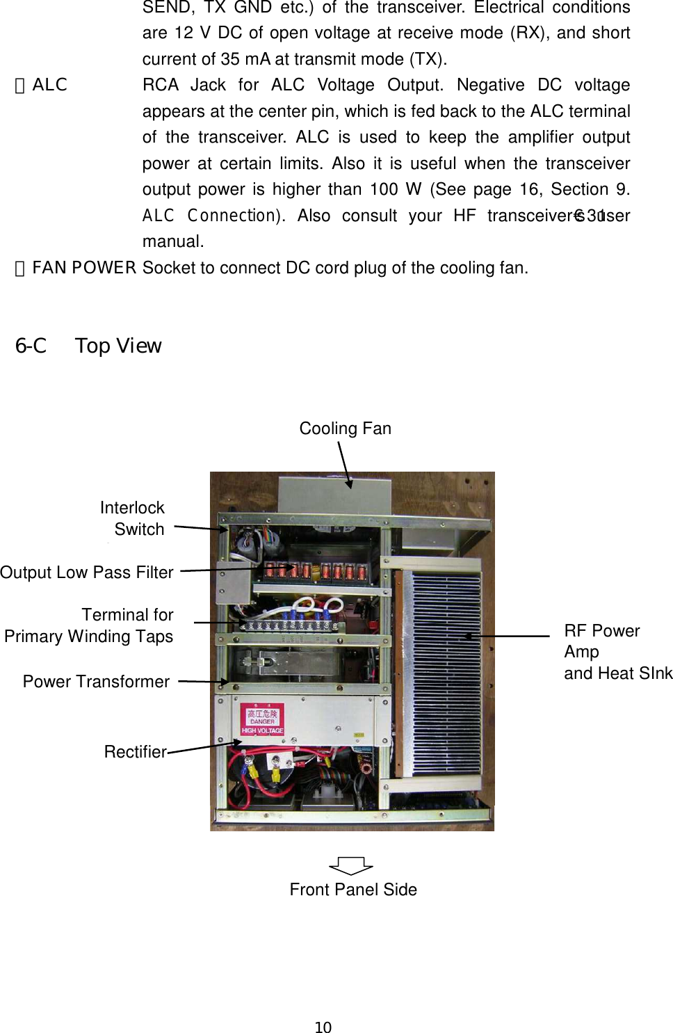 10 SEND,  TX  GND  etc.)  of  the  transceiver.  Electrical  conditions are 12 V DC of open voltage at receive mode (RX), and short current of 35 mA at transmit mode (TX). ⑫ALC  RCA  Jack  for  ALC  Voltage  Output.  Negative  DC  voltage appears at the center pin, which is fed back to the ALC terminal of  the  transceiver.  ALC  is  used  to  keep  the  amplifier  output power  at  certain limits.  Also  it  is  useful  when  the  transceiver output power is higher than 100 W (See page 16, Section 9. ALC Connection).  Also  consult  your  HF  transceiver€31s  user manual. ⑬FAN POWER Socket to connect DC cord plug of the cooling fan.   6-C  Top View   Front Panel SideInterlockSwitchfor AC MainsCooling FanOutput Low Pass FilterTerminal forPrimary Winding TapsPower TransformerRectifierRF PowerAmpand Heat SInk   