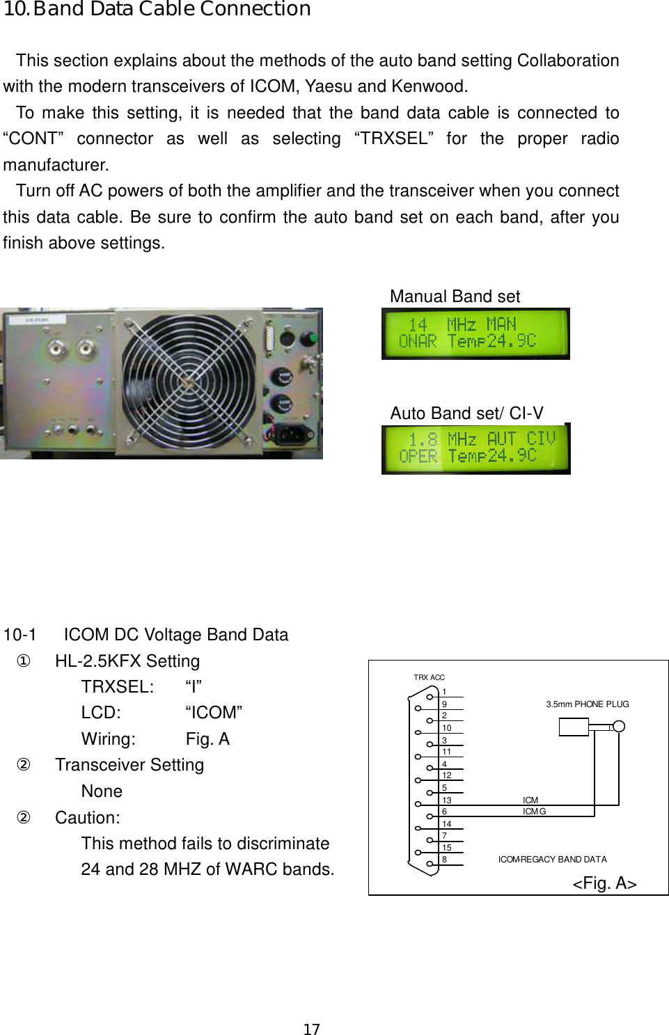 17 10. Band Data Cable Connection  This section explains about the methods of the auto band setting Collaboration with the modern transceivers of ICOM, Yaesu and Kenwood. To make this  setting, it is  needed that the band data  cable is connected to “CONT”  connector  as  well  as  selecting  “TRXSEL”  for  the  proper  radio manufacturer. Turn off AC powers of both the amplifier and the transceiver when you connect this data cable. Be sure to confirm the auto band set on each band, after you finish above settings.               10-1  ICOM DC Voltage Band Data ① HL-2.5KFX Setting TRXSEL:  “I” LCD:    “ICOM” Wiring:  Fig. A ②  Transceiver Setting None ②  Caution: This method fails to discriminate   24 and 28 MHZ of WARC bands.  Manual Band set Auto Band set/ CI-V ICOM-REGACY BAND DATAICM GICM3.5mm PHONE PLUGTRX ACC815714613512411310291&lt;Fig. A&gt; 