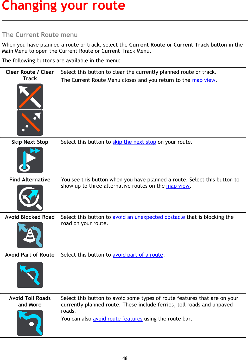 48    The Current Route menu When you have planned a route or track, select the Current Route or Current Track button in the Main Menu to open the Current Route or Current Track Menu. The following buttons are available in the menu: Clear Route / Clear Track     Select this button to clear the currently planned route or track. The Current Route Menu closes and you return to the map view. Skip Next Stop   Select this button to skip the next stop on your route. Find Alternative   You see this button when you have planned a route. Select this button to show up to three alternative routes on the map view. Avoid Blocked Road   Select this button to avoid an unexpected obstacle that is blocking the road on your route.   Avoid Part of Route   Select this button to avoid part of a route. Avoid Toll Roads and More   Select this button to avoid some types of route features that are on your currently planned route. These include ferries, toll roads and unpaved roads. You can also avoid route features using the route bar. Changing your route 