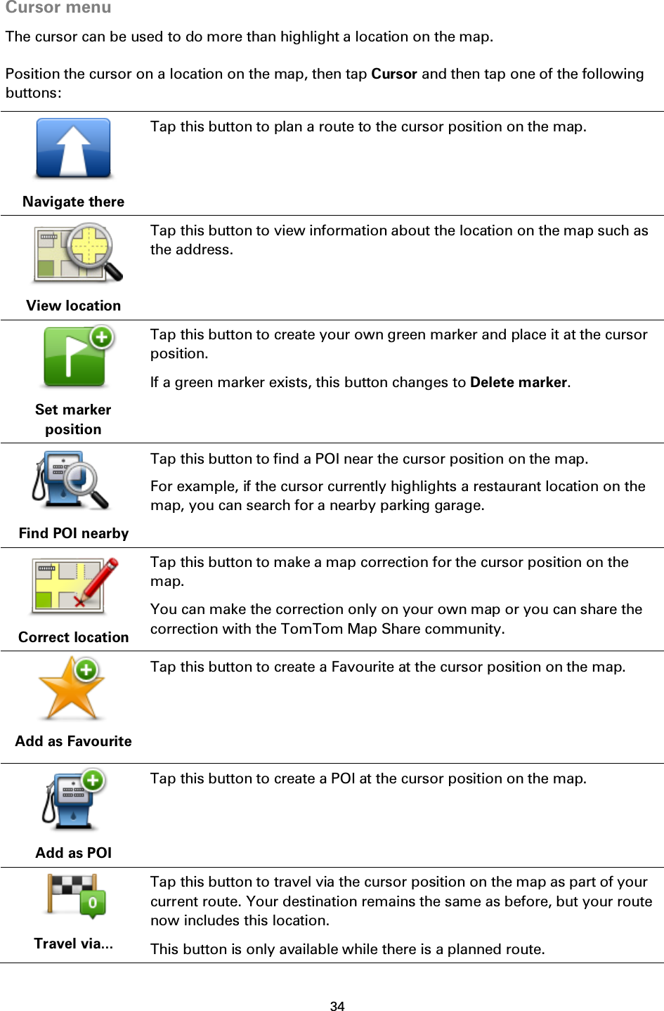 34    Cursor menu The cursor can be used to do more than highlight a location on the map. Position the cursor on a location on the map, then tap Cursor and then tap one of the following buttons:  Navigate there Tap this button to plan a route to the cursor position on the map.  View location Tap this button to view information about the location on the map such as the address.  Set marker position Tap this button to create your own green marker and place it at the cursor position. If a green marker exists, this button changes to Delete marker.  Find POI nearby Tap this button to find a POI near the cursor position on the map. For example, if the cursor currently highlights a restaurant location on the map, you can search for a nearby parking garage.  Correct location Tap this button to make a map correction for the cursor position on the map. You can make the correction only on your own map or you can share the correction with the TomTom Map Share community.  Add as Favourite Tap this button to create a Favourite at the cursor position on the map.  Add as POI Tap this button to create a POI at the cursor position on the map.  Travel via... Tap this button to travel via the cursor position on the map as part of your current route. Your destination remains the same as before, but your route now includes this location. This button is only available while there is a planned route. 