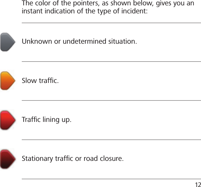                      The color of the pointers, as shown below, gives you an                            instant indication of the type of incident:                      Unknown or undetermined situation.                      Slow trafﬁc.                      Trafﬁc lining up.                      Stationary trafﬁc or road closure.12