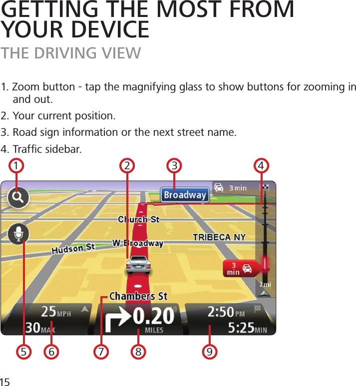 GETTING THE MOST FROMYOUR DEVICETHE DRIVING VIEW1. Zoom button - tap the magnifying glass to show buttons for zooming in      and out.2. Your current position.3. Road sign information or the next street name.4. Trafﬁc sidebar.    1                                  2             3                          4       5       6              7          8                     9 15
