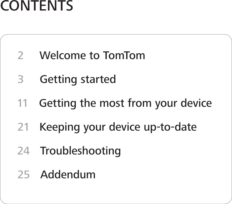 2     Welcome to TomTom3      Getting started 11   Getting the most from your device21   Keeping your device up-to-date 24   Troubleshooting25   AddendumCONTENTS