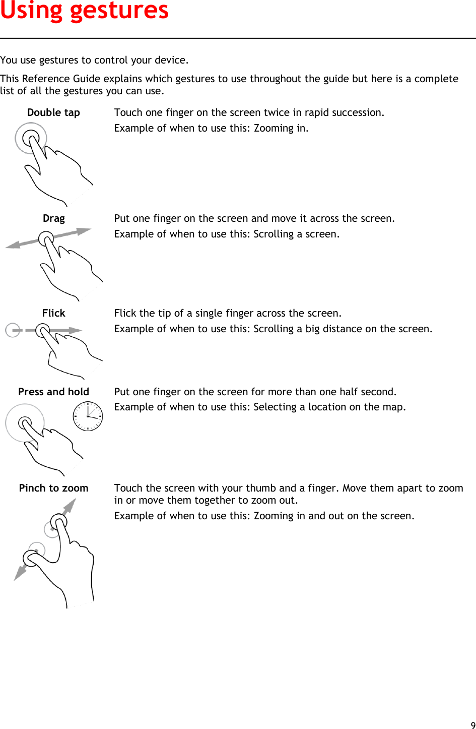  9  You use gestures to control your device.   This Reference Guide explains which gestures to use throughout the guide but here is a complete list of all the gestures you can use. Double tap   Touch one finger on the screen twice in rapid succession. Example of when to use this: Zooming in.  Drag   Put one finger on the screen and move it across the screen. Example of when to use this: Scrolling a screen. Flick   Flick the tip of a single finger across the screen. Example of when to use this: Scrolling a big distance on the screen. Press and hold   Put one finger on the screen for more than one half second. Example of when to use this: Selecting a location on the map.   Pinch to zoom   Touch the screen with your thumb and a finger. Move them apart to zoom in or move them together to zoom out. Example of when to use this: Zooming in and out on the screen. Using gestures 