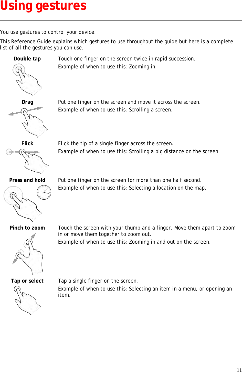  11  You use gestures to control your device.  This Reference Guide explains which gestures to use throughout the guide but here is a complete list of all the gestures you can use. Double tap   Touch one finger on the screen twice in rapid succession. Example of when to use this: Zooming in.  Drag   Put one finger on the screen and move it across the screen. Example of when to use this: Scrolling a screen. Flick   Flick the tip of a single finger across the screen. Example of when to use this: Scrolling a big distance on the screen. Press and hold   Put one finger on the screen for more than one half second. Example of when to use this: Selecting a location on the map.  Pinch to zoom   Touch the screen with your thumb and a finger. Move them apart to zoom in or move them together to zoom out. Example of when to use this: Zooming in and out on the screen. Tap or select   Tap a single finger on the screen. Example of when to use this: Selecting an item in a menu, or opening an item.  Using gestures 