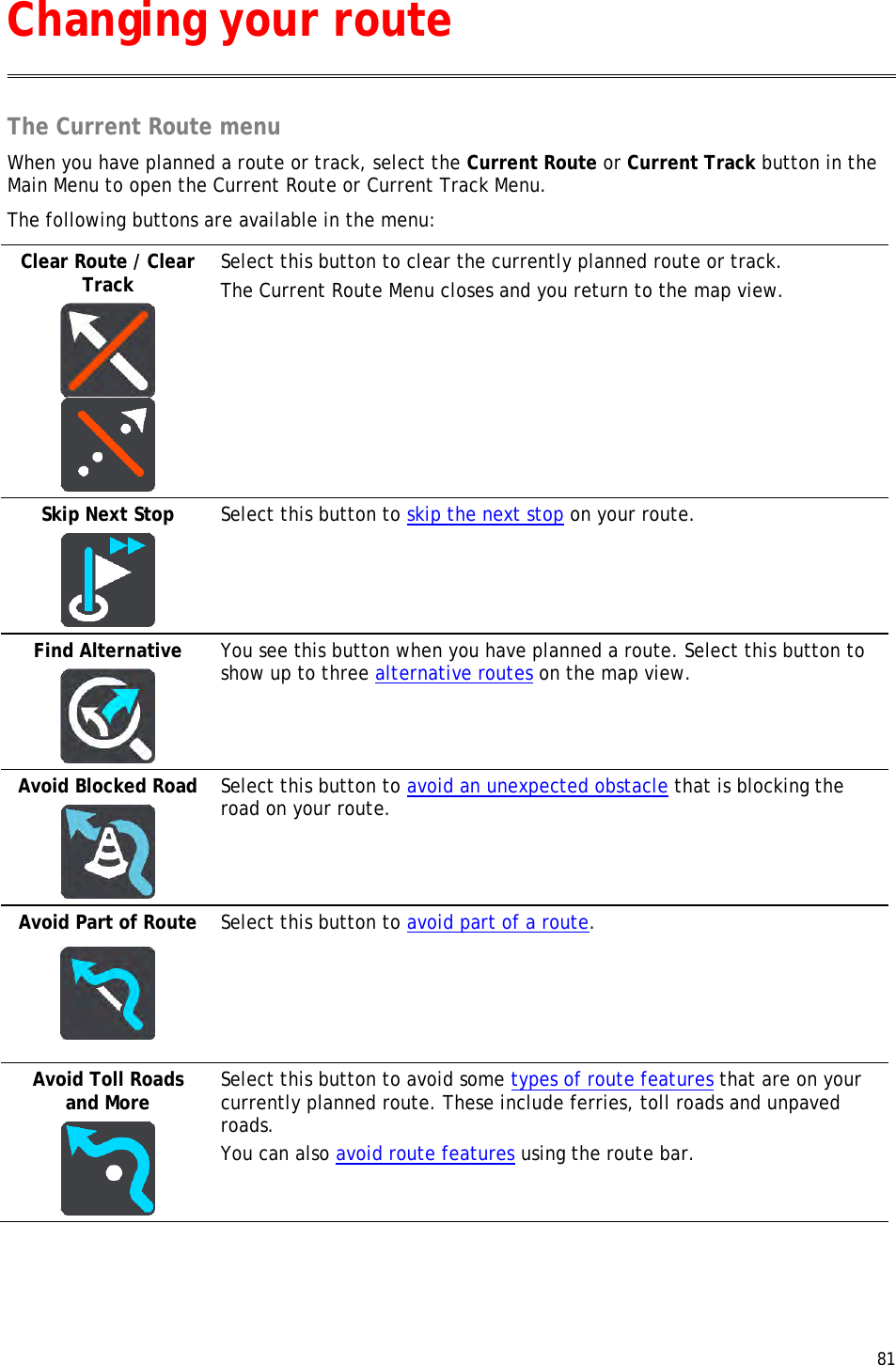  81  The Current Route menu When you have planned a route or track, select the Current Route or Current Track button in the Main Menu to open the Current Route or Current Track Menu. The following buttons are available in the menu: Clear Route / Clear Track     Select this button to clear the currently planned route or track. The Current Route Menu closes and you return to the map view. Skip Next Stop   Select this button to skip the next stop on your route. Find Alternative   You see this button when you have planned a route. Select this button to show up to three alternative routes on the map view. Avoid Blocked Road   Select this button to avoid an unexpected obstacle that is blocking the road on your route.  Avoid Part of Route   Select this button to avoid part of a route. Avoid Toll Roads and More   Select this button to avoid some types of route features that are on your currently planned route. These include ferries, toll roads and unpaved roads. You can also avoid route features using the route bar. Changing your route 