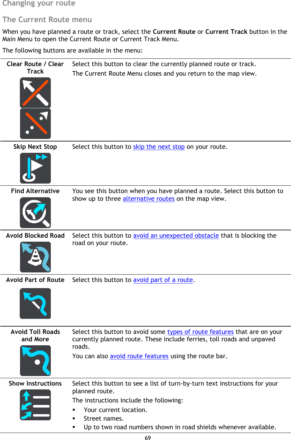 69    Changing your route The Current Route menu When you have planned a route or track, select the Current Route or Current Track button in the Main Menu to open the Current Route or Current Track Menu. The following buttons are available in the menu: Clear Route / Clear Track     Select this button to clear the currently planned route or track. The Current Route Menu closes and you return to the map view. Skip Next Stop   Select this button to skip the next stop on your route. Find Alternative   You see this button when you have planned a route. Select this button to show up to three alternative routes on the map view. Avoid Blocked Road   Select this button to avoid an unexpected obstacle that is blocking the road on your route.   Avoid Part of Route   Select this button to avoid part of a route. Avoid Toll Roads and More   Select this button to avoid some types of route features that are on your currently planned route. These include ferries, toll roads and unpaved roads. You can also avoid route features using the route bar. Show Instructions   Select this button to see a list of turn-by-turn text instructions for your planned route.   The instructions include the following:  Your current location.  Street names.  Up to two road numbers shown in road shields whenever available. 