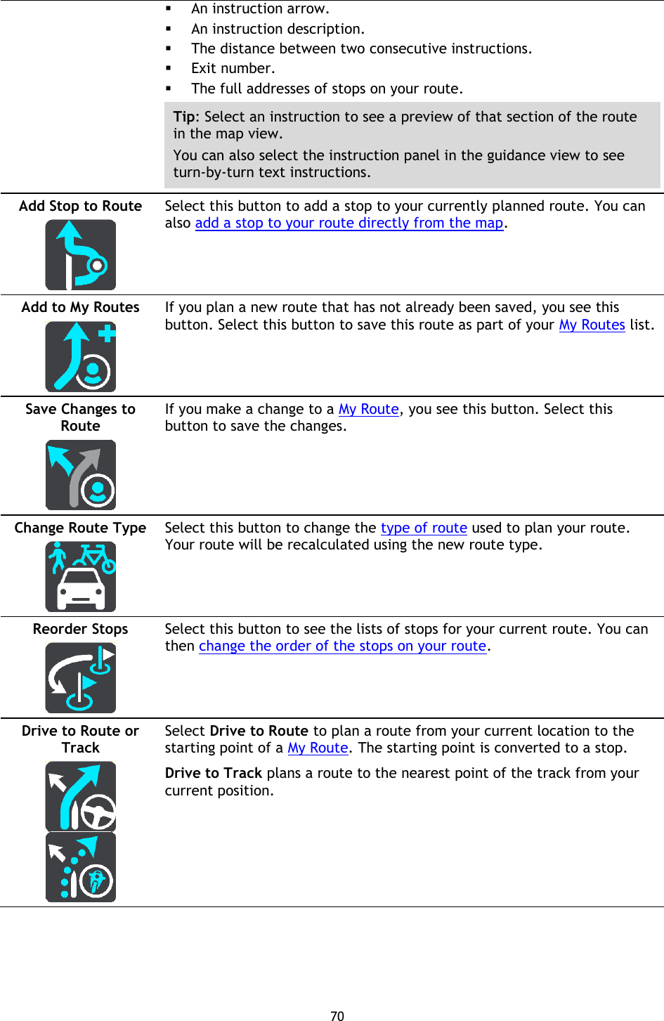 70     An instruction arrow.  An instruction description.  The distance between two consecutive instructions.  Exit number.  The full addresses of stops on your route. Tip: Select an instruction to see a preview of that section of the route in the map view. You can also select the instruction panel in the guidance view to see turn-by-turn text instructions. Add Stop to Route   Select this button to add a stop to your currently planned route. You can also add a stop to your route directly from the map. Add to My Routes   If you plan a new route that has not already been saved, you see this button. Select this button to save this route as part of your My Routes list. Save Changes to Route   If you make a change to a My Route, you see this button. Select this button to save the changes. Change Route Type   Select this button to change the type of route used to plan your route. Your route will be recalculated using the new route type. Reorder Stops   Select this button to see the lists of stops for your current route. You can then change the order of the stops on your route. Drive to Route or Track     Select Drive to Route to plan a route from your current location to the starting point of a My Route. The starting point is converted to a stop. Drive to Track plans a route to the nearest point of the track from your current position.  