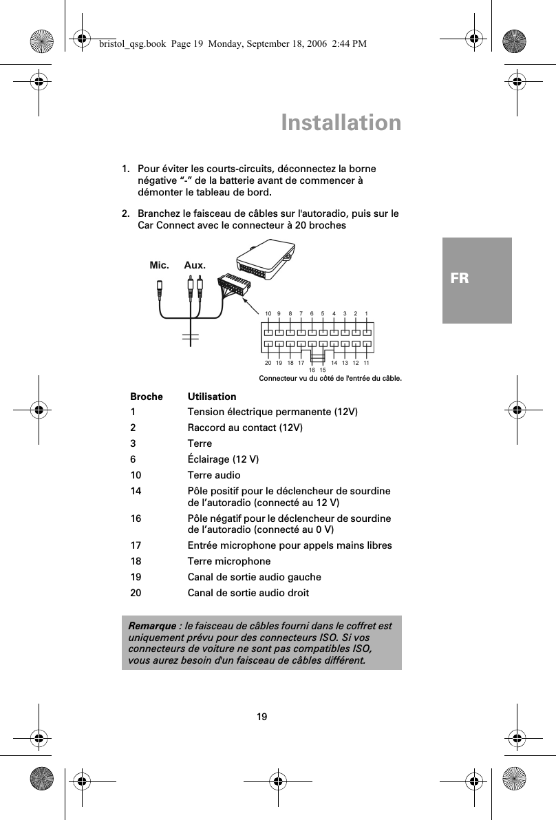 Installation19FRInstallation 1. Pour éviter les courts-circuits, déconnectez la borne négative “-” de la batterie avant de commencer à démonter le tableau de bord.2. Branchez le faisceau de câbles sur l&apos;autoradio, puis sur le Car Connect avec le connecteur à 20 brochesConnecteur vu du côté de l&apos;entrée du câble.Broche Utilisation1 Tension électrique permanente (12V)2 Raccord au contact (12V)3 Terre6 Éclairage (12 V)10 Terre audio14 Pôle positif pour le déclencheur de sourdine de l’autoradio (connecté au 12 V)16 Pôle négatif pour le déclencheur de sourdine de l’autoradio (connecté au 0 V)17 Entrée microphone pour appels mains libres18 Terre microphone19 Canal de sortie audio gauche20 Canal de sortie audio droitRemarque : le faisceau de câbles fourni dans le coffret est uniquement prévu pour des connecteurs ISO. Si vos connecteurs de voiture ne sont pas compatibles ISO, vous aurez besoin d&apos;un faisceau de câbles différent.bristol_qsg.book  Page 19  Monday, September 18, 2006  2:44 PM