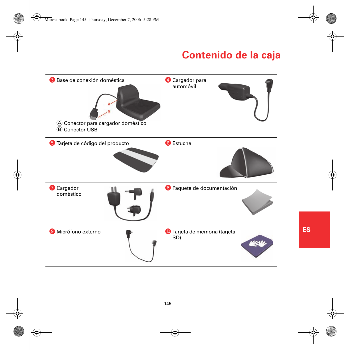 Contenido de la caja145EScBase de conexión domésticaAConector para cargador domésticoBConector USBdCargador para automóvileTarjeta de código del producto fEstuchegCargador domésticohPaquete de documentacióniMicrófono externo jTarjeta de memoria (tarjeta SD)Murcia.book  Page 145  Thursday, December 7, 2006  5:28 PM