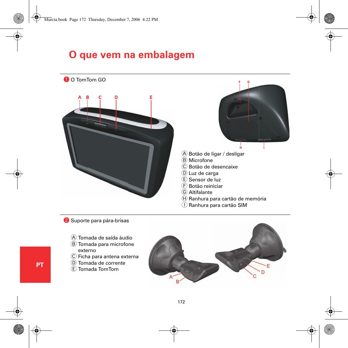 O que vem na embalagem172PTO que vem na embalagemaO TomTom GOABotão de ligar / desligarBMicrofoneCBotão de desencaixeDLuz de cargaESensor de luzFBotão reiniciarGAltifalanteHRanhura para cartão de memóriaIRanhura para cartão SIMbSuporte para pára-brisasATomada de saída áudioBTomada para microfone externoCFicha para antena externaDTomada de correnteETomada TomTomAAB C D EFFGH IMurcia.book  Page 172  Thursday, December 7, 2006  4:22 PM