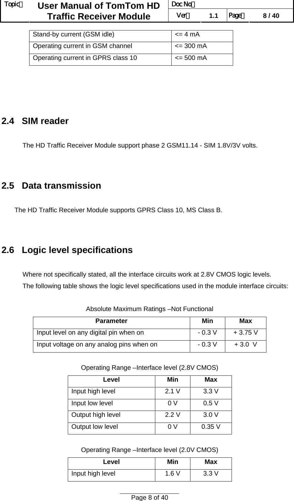 Doc No：  Topic：  User Manual of TomTom HD Traffic Receiver Module  Ver：  1.1  Page：  8 / 40  Page 8 of 40  Stand-by current (GSM idle)  &lt;= 4 mA Operating current in GSM channel  &lt;= 300 mA Operating current in GPRS class 10  &lt;= 500 mA     2.4   SIM reader  The HD Traffic Receiver Module support phase 2 GSM11.14 - SIM 1.8V/3V volts.    2.5   Data transmission  The HD Traffic Receiver Module supports GPRS Class 10, MS Class B.   2.6   Logic level specifications  Where not specifically stated, all the interface circuits work at 2.8V CMOS logic levels. The following table shows the logic level specifications used in the module interface circuits:  Absolute Maximum Ratings –Not Functional Parameter Min Max Input level on any digital pin when on  - 0.3 V  + 3.75 V Input voltage on any analog pins when on  - 0.3 V  + 3.0  V  Operating Range –Interface level (2.8V CMOS) Level Min Max Input high level  2.1 V  3.3 V Input low level  0 V  0.5 V Output high level  2.2 V  3.0 V Output low level  0 V  0.35 V  Operating Range –Interface level (2.0V CMOS) Level Min Max Input high level  1.6 V  3.3 V 