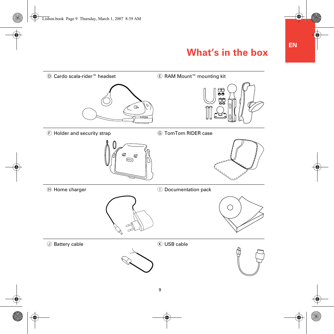 What’s in the box9ENDCardo scala-rider™ headset ERAM Mount™ mounting kitFHolder and security strap GTomTom RIDER caseHHome charger IDocumentation packJBattery cable KUSB cableLisbon.book  Page 9  Thursday, March 1, 2007  8:39 AM