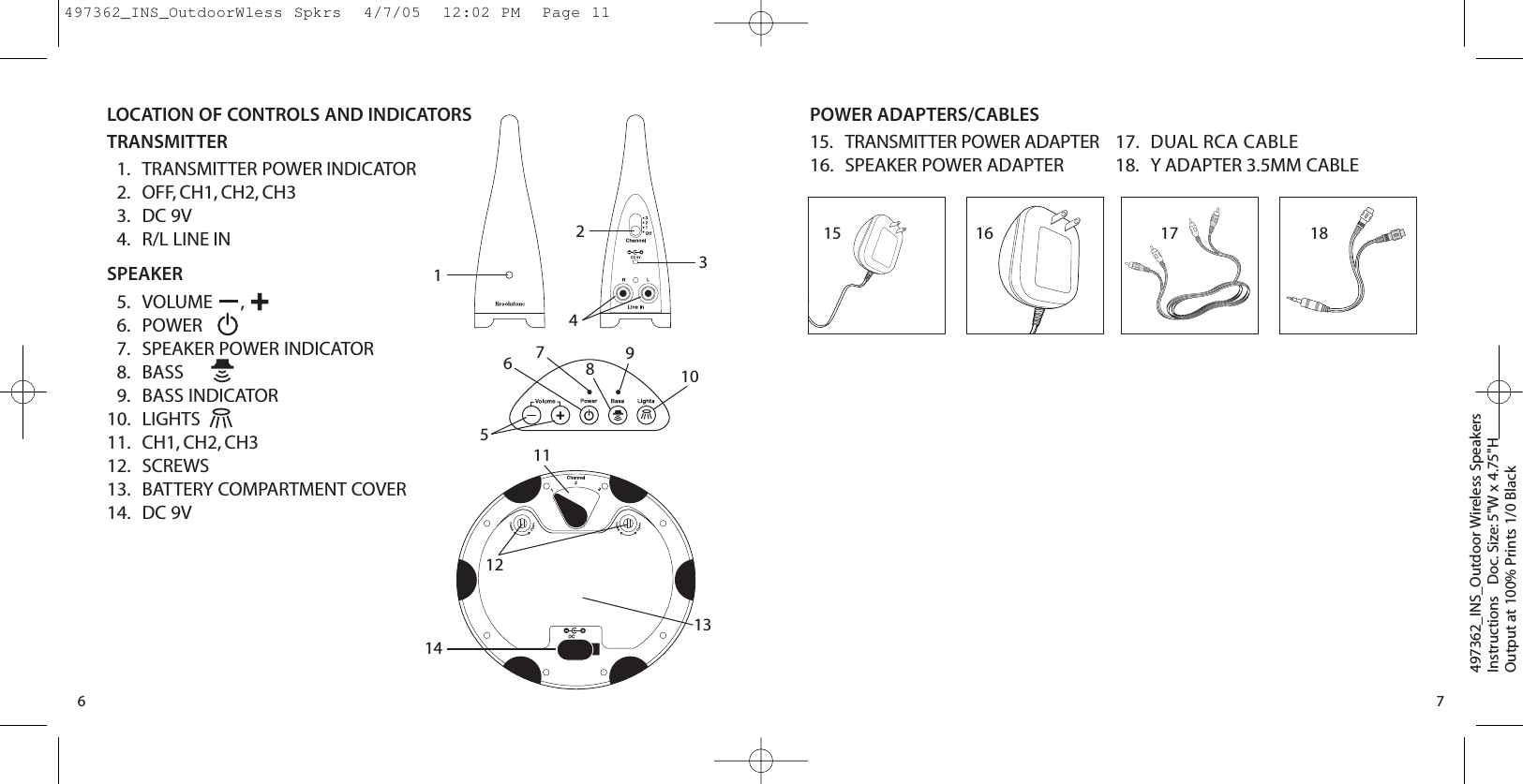 497362_INS_Outdoor Wireless SpeakersInstructions   Doc. Size: 5&quot;W x 4.75&quot;HOutput at 100% Prints 1/0 Black 7POWER ADAPTERS/CABLES15. TRANSMITTER POWER ADAPTER16. SPEAKER POWER ADAPTER 17. DUAL RCA CABLE18. Y ADAPTER 3.5MM CABLE15 16 17 18LOCATION OF CONTROLS AND INDICATORSTRANSMITTER1. TRANSMITTER POWER INDICATOR2. OFF, CH1, CH2, CH33. DC 9V4. R/L LINE INSPEAKER5. VOLUME ,6. POWER   7. SPEAKER POWER INDICATOR8. BASS      9. BASS INDICATOR10. LIGHTS  11. CH1, CH2, CH312. SCREWS13. BATTERY COMPARTMENT COVER14. DC 9V61234657891011121314497362_INS_OutdoorWless Spkrs  4/7/05  12:02 PM  Page 11