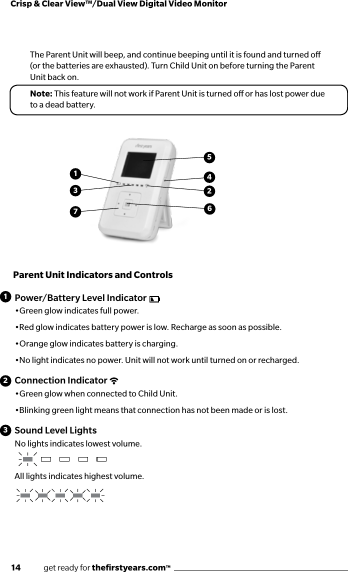 14              get ready for theﬁrstyears.com™Crisp &amp; Clear View™/Dual View Digital Video MonitorThe Parent Unit will beep, and continue beeping until it is found and turned o (or the batteries are exhausted). Turn Child Unit on before turning the Parent Unit back on.Note: This feature will not work if Parent Unit is turned o or has lost power due to a dead battery. Parent Unit Indicators and ControlsPower/Battery Level Indicator•Green glow indicates full power.•Red glow indicates battery power is low. Recharge as soon as possible.•Orange glow indicates battery is charging.•No light indicates no power. Unit will not work until turned on or recharged.Connection Indicator•Green glow when connected to Child Unit.•Blinking green light means that connection has not been made or is lost.Sound Level LightsNo lights indicates lowest volume.All lights indicates highest volume.1231457623