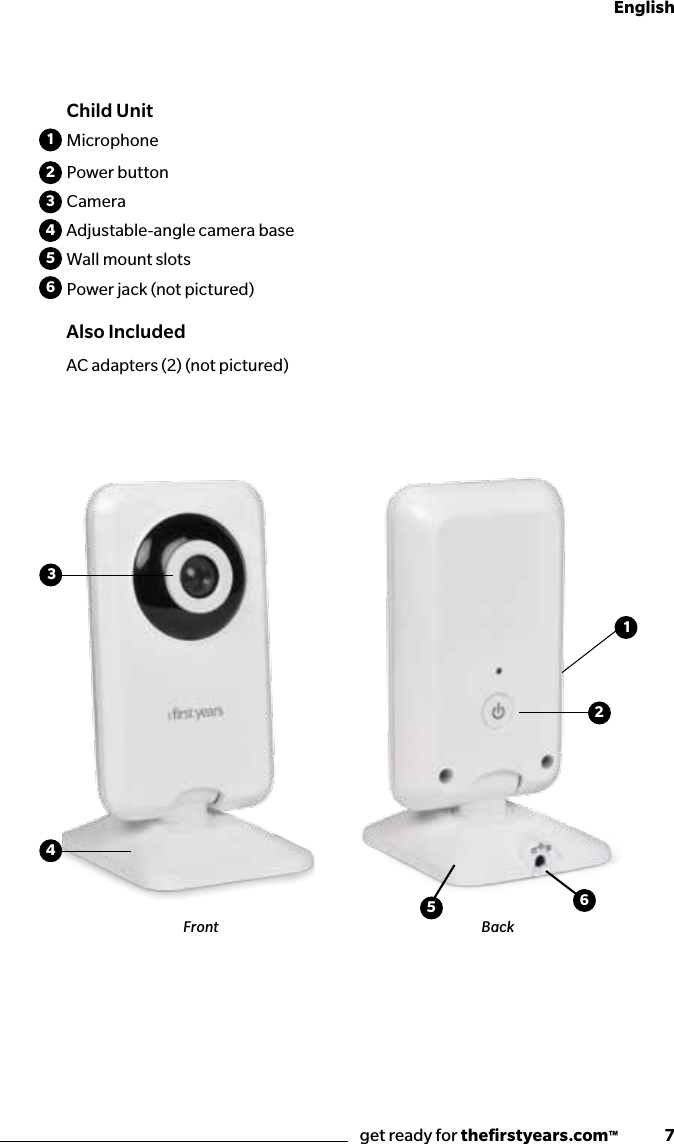 get ready for theﬁrstyears.com™              7English34256123456Child Unit Microphone Power buttonCamera Adjustable-angle camera baseWall mount slotsPower jack (not pictured)Also IncludedAC adapters (2) (not pictured)Front Back1