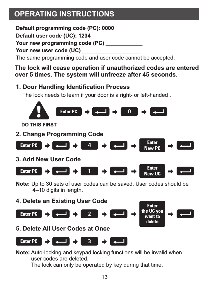 3. Add New User CodeNote:           4–10 digits in length. Up to 30 sets of user codes can be saved. User codes should be13OPERATING INSTRUCTIONS2. Change Programming Code4. Delete an Existing User Code5. Delete All User Codes at OnceNote:          user codes are deleted.          The lock can only be operated by key during that time. Auto-locking and keypad locking functions will be invalid whenDefault programming code (PC): 0000Default user code (UC): 1234Your new programming code (PC) ____________Your new user code (UC) ___________________The same programming code and user code cannot be accepted. The lock will cease operation if unauthorized codes are enteredover 5 times. The system will unfreeze after 45 seconds. DO THIS FIRST1. Door Handling Identification ProcessThe lock needs to learn if your door is a right- or left-handed .!0Enter PC4Enter PC EnterNew PC1Enter PC EnterNew UC2Enter PCEnterthe UC youwant todelete3Enter PC