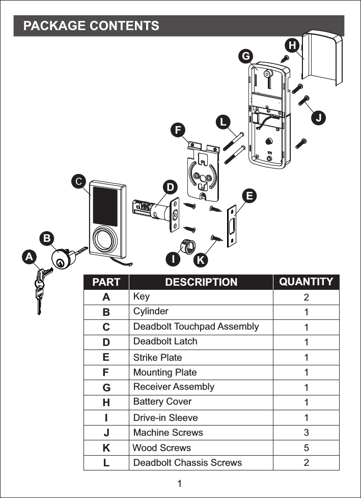 1PACKAGE CONTENTSABCDEFGHILKJPART DESCRIPTION QUANTITYABCDEFGHIJKLKeyCylinderDeadbolt  pad AssemblyTouchDeadbolt LatchStrike PlateMounting PlateReceiver AssemblyBattery CoverDrive-in Sleeve211111111352Machine ScrewsWood ScrewsDeadbolt Chassis Screws