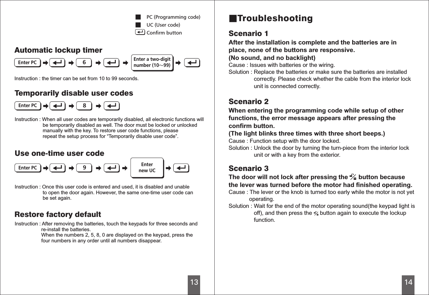 1314■TroubleshootingScenario 1After the installation is complete and the batteries are inplace, none of the buttons are responsive. (No sound, and no backlight)  Cause : Issues with batteries or the wiring.Solution : Replace the batteries or make sure the batteries are installed                correctly. Please check whether the cable from the interior lock                unit is connected correctly.Scenario 2 the programming code while , the error message   after pressing theconfirm button. (The light blinks three times with three short beeps.)Cause : Function setup   locked. Solution : Unlock the door by turning the turn-piece from the interior lock                unit or with a key from the exterior.When entering setup of otherfunctions appearswith the doorTemporarily   user codesdisableUse one-time user codeInstruction : When all user codes are temporarily   all electronic functions will                    be temporarily   as well. The door must be locked or unlocked                    manually with the key. To restore user code functions, please                    repeat the setup process for “Temporarily  user code”.disabled,disableddisable Enternew UCRestore factory defaultInstruction : After removing the batteries, touch the keypads for three seconds and                   re-install the batteries.                   When the numbers 2, 5, 8, 0 are displayed on the keypad, press the                   four numbers in any order until all numbers disappear.89Instruction : the timer can be set from 10 to 99 seconds.Automatic lockup timer6Scenario 3The door will not lock after pressing the      button becausethe lever was turned before the motor had finished operating.Cause : The lever or the knob is turned too early while the motor is not yet             operating.Solution : Wait for the end of the motor operating sound(the keypad light is                off), and then press the     button again to execute the lockup                function. ■  ■      PC (Programming code)UC (User code)Confirm buttonEnter PCEnter PCEnter PCEnter a two-digitnumber (10～99)Instruction : Once this user code is entered and used, it   and unable                    to open the door again. However, the same one-time user code can                    be set again.is disabled