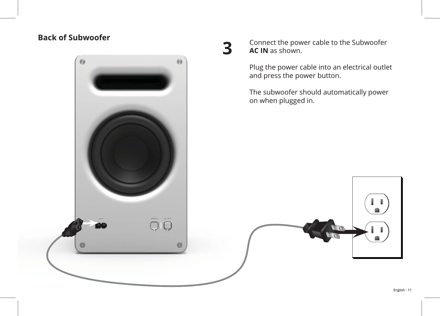 English - 11Back of Subwoofer Connect the power cable to the Subwoofer AC IN as shown.   Plug the power cable into an electrical outlet and press the power button.on when plugged in.3