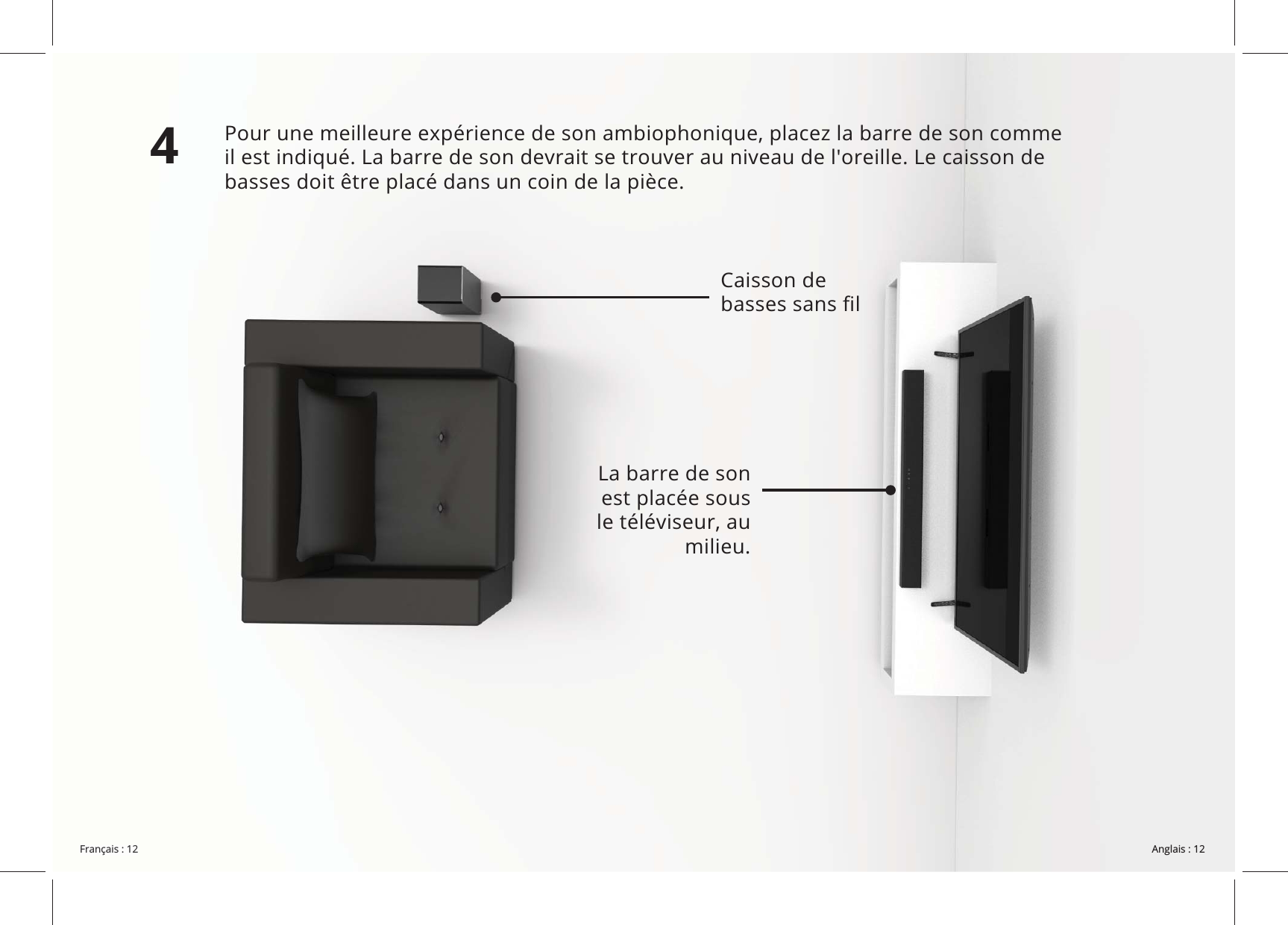 La barre de son est placée sous milieu.il est indiqué. La barre de son devrait se trouver au niveau de l'oreille. Le caisson de 4Caisson de 