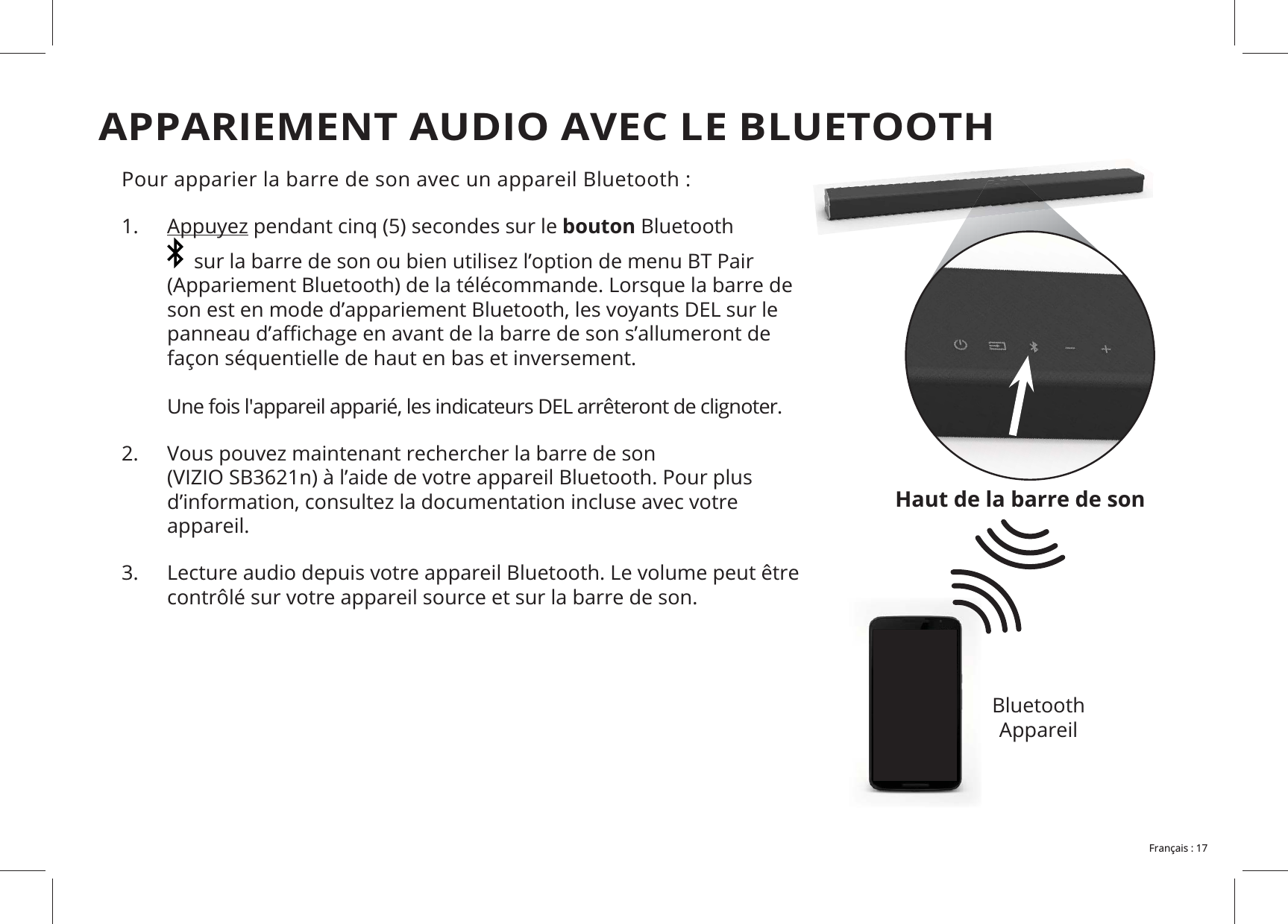 1. bouton 2. appareil.3. APPARIEMENT AUDIO AVEC LE BLUETOOTHHaut de la barre de son