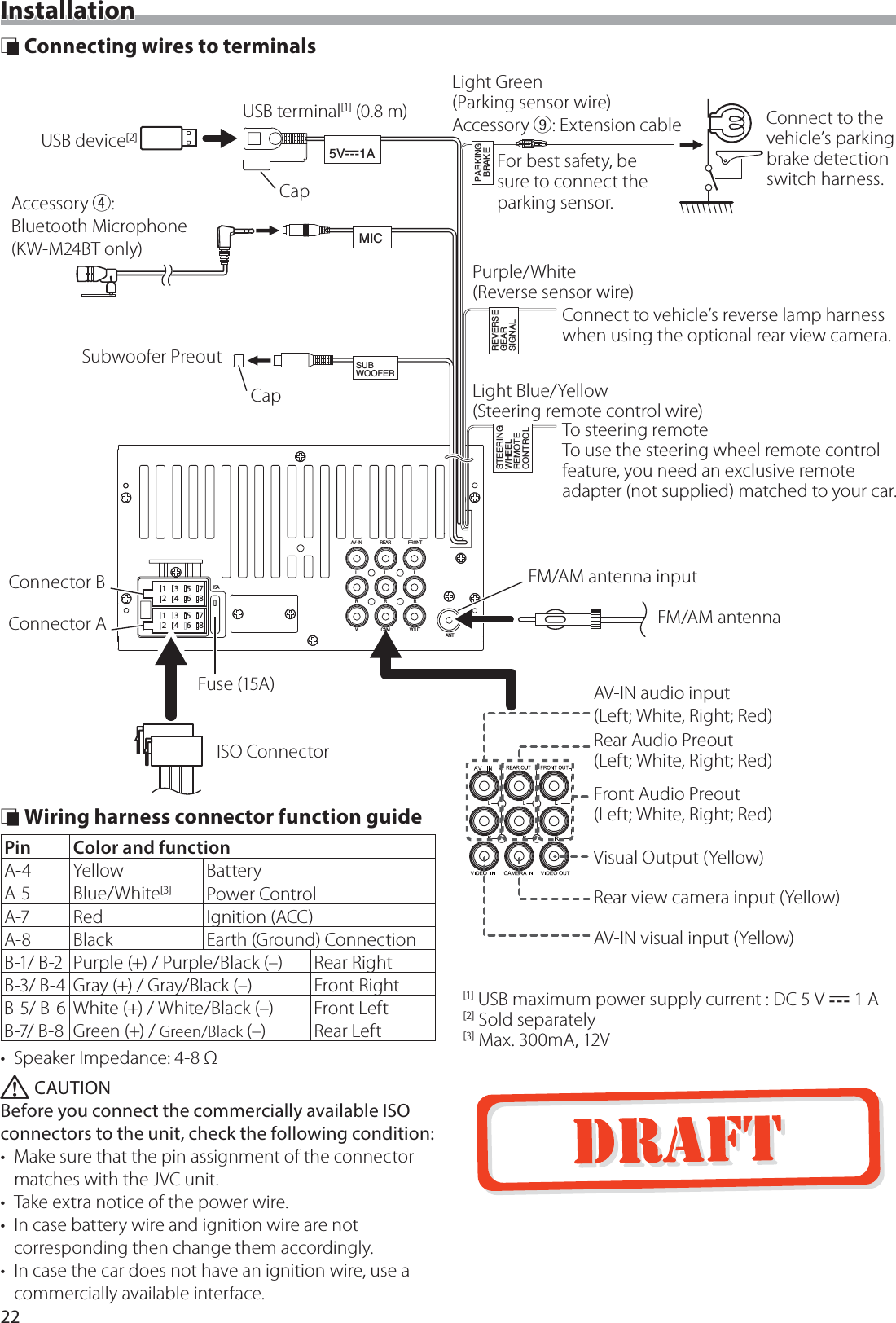 22InstallationFRONTREARAV-INLLLRRRVOUTANTCAMV15A5V=1AMICSUBWOOFERPARKINGBRAKEREVERSEGEARSIGNALSTEERINGWHEELREMOTECONTROL2468135724681357Connect to the vehicle&rsquo;s parking brake detection switch harness.For best safety, be sure to connect the parking sensor.Light Green  (Parking sensor wire)Accessory 9: Extension cablePurple/White  (Reverse sensor wire)Accessory 4:  Bluetooth Microphone (KW-M24BT only)To steering remoteTo use the steering wheel remote control feature, you need an exclusive remote adapter (not supplied) matched to your car.Connect to vehicle&rsquo;s reverse lamp harness when using the optional rear view camera.Light Blue/Yellow  (Steering remote control wire)Fuse (15A) &Ntilde; Wiring harness connector function guidePin Color and functionA-4 Yellow BatteryA-5 Blue/White[3] Power ControlA-7 Red Ignition (ACC)A-8 Black Earth (Ground) ConnectionB-1/ B-2 Purple (+) / Purple/Black (&ndash;) Rear RightB-3/ B-4 Gray (+) / Gray/Black (&ndash;) Front RightB-5/ B-6 White (+) / White/Black (&ndash;) Front LeftB-7/ B-8 Green (+) / Green/Black (&ndash;) Rear Left&bull;  Speaker Impedance: 4-8 &Omega; ! CAUTIONBefore you connect the commercially available ISO connectors to the unit, check the following condition:&bull;  Make sure that the pin assignment of the connector matches with the JVC unit.&bull;  Take extra notice of the power wire.&bull;  In case battery wire and ignition wire are not corresponding then change them accordingly.&bull;  In case the car does not have an ignition wire, use a commercially available interface. &Ntilde; Connecting wires to terminalsSubwoofer Preout CapCapFM/AM antenna inputFM/AM antennaConnector AConnector BUSB device[2]USB terminal[1] (0.8 m)[1]  USB maximum power supply current : DC 5 V = 1 A[2]  Sold separately[3]  Max. 300mA, 12VISO Connector Rear Audio Preout  (Left; White, Right; Red)AV-IN audio input  (Left; White, Right; Red)Front Audio Preout  (Left; White, Right; Red)Visual Output (Yellow)Rear view camera input (Yellow)AV-IN visual input (Yellow)