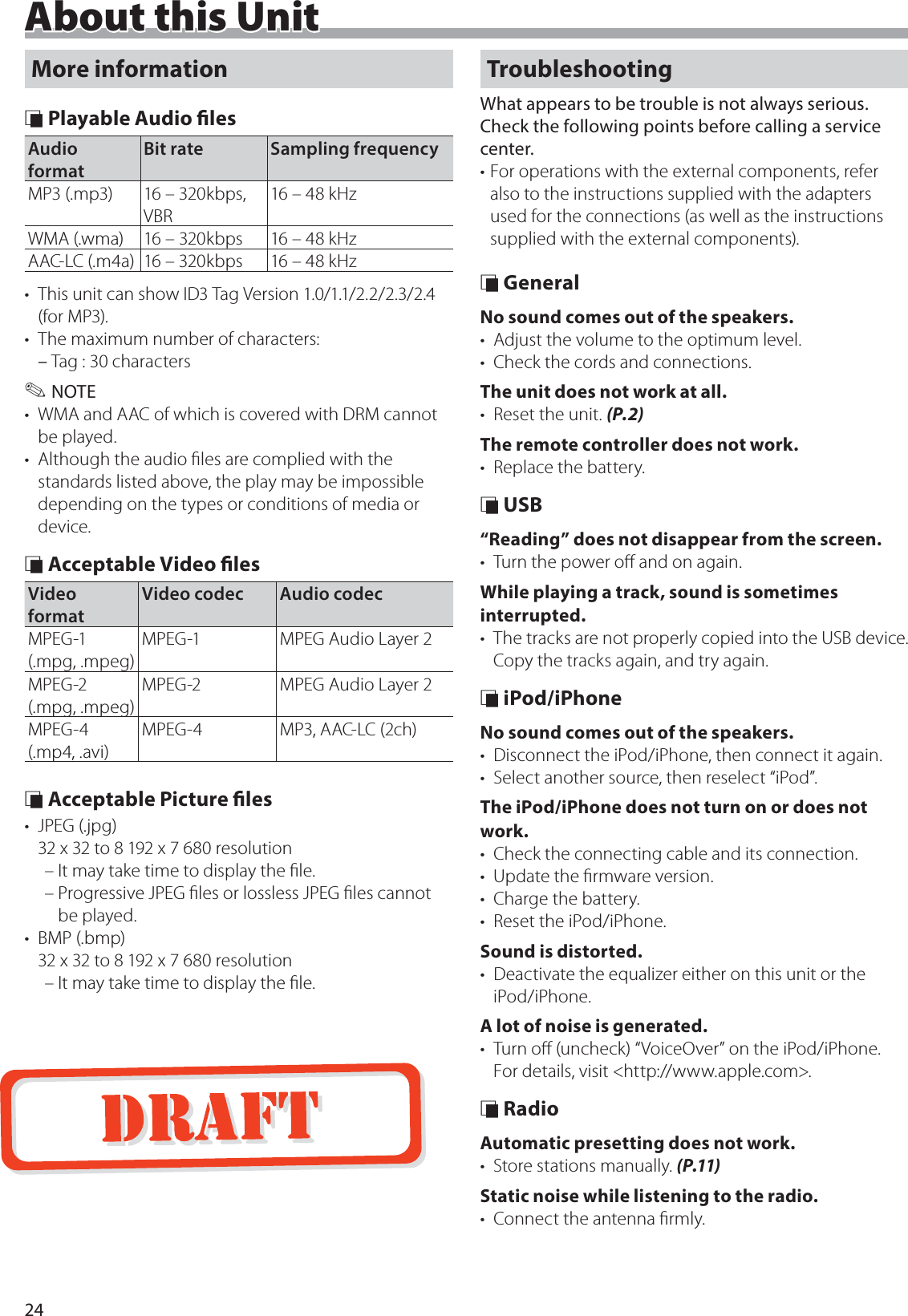 24About this UnitMore information &Ntilde; Playable Audio lesAudio formatBit rate Sampling frequencyMP3 (.mp3) 16 &ndash; 320kbps, VBR16 &ndash; 48 kHzWMA (.wma) 16 &ndash; 320kbps 16 &ndash; 48 kHzAAC-LC (.m4a) 16 &ndash; 320kbps 16 &ndash; 48 kHz&bull;  This unit can show ID3 Tag Version 1.0/1.1/2.2/2.3/2.4 (for MP3).&bull;  The maximum number of characters: &ndash;Tag : 30 characters ✎NOTE&bull;  WMA and AAC of which is covered with DRM cannot be played.&bull;  Although the audio ﬁles are complied with the standards listed above, the play may be impossible depending on the types or conditions of media or device. &Ntilde; Acceptable Video lesVideo formatVideo codec Audio codecMPEG-1 (.mpg, .mpeg)MPEG-1  MPEG Audio Layer 2MPEG-2 (.mpg, .mpeg)MPEG-2 MPEG Audio Layer 2MPEG-4 (.mp4, .avi)MPEG-4 MP3, AAC-LC (2ch) &Ntilde; Acceptable Picture les&bull; JPEG (.jpg) 32 x 32 to 8 192 x 7 680 resolution  &ndash; It may take time to display the ﬁle. &ndash; Progressive JPEG ﬁles or lossless JPEG ﬁles cannot be played.&bull; BMP (.bmp) 32 x 32 to 8 192 x 7 680 resolution  &ndash; It may take time to display the ﬁle.TroubleshootingWhat appears to be trouble is not always serious. Check the following points before calling a service center.&bull; For operations with the external components, refer also to the instructions supplied with the adapters used for the connections (as well as the instructions supplied with the external components). &Ntilde; GeneralNo sound comes out of the speakers.&bull;  Adjust the volume to the optimum level.&bull;  Check the cords and connections.The unit does not work at all.&bull;  Reset the unit. (P.2)The remote controller does not work.&bull;  Replace the battery. &Ntilde; USB&ldquo;Reading&rdquo; does not disappear from the screen.&bull;  Turn the power oﬀ and on again.While playing a track, sound is sometimes interrupted.&bull;  The tracks are not properly copied into the USB device. Copy the tracks again, and try again. &Ntilde; iPod/iPhoneNo sound comes out of the speakers.&bull;  Disconnect the iPod/iPhone, then connect it again.&bull;  Select another source, then reselect &ldquo;iPod&rdquo;.The iPod/iPhone does not turn on or does not work.&bull;  Check the connecting cable and its connection.&bull;  Update the ﬁrmware version.&bull;  Charge the battery.&bull;  Reset the iPod/iPhone.Sound is distorted.&bull;  Deactivate the equalizer either on this unit or the iPod/iPhone.A lot of noise is generated.&bull;  Turn oﬀ (uncheck) &ldquo;VoiceOver&rdquo; on the iPod/iPhone. For details, visit <http://www.apple.com>. &Ntilde; RadioAutomatic presetting does not work.&bull;  Store stations manually. (P.11)Static noise while listening to the radio.&bull;  Connect the antenna ﬁrmly.About this Unit