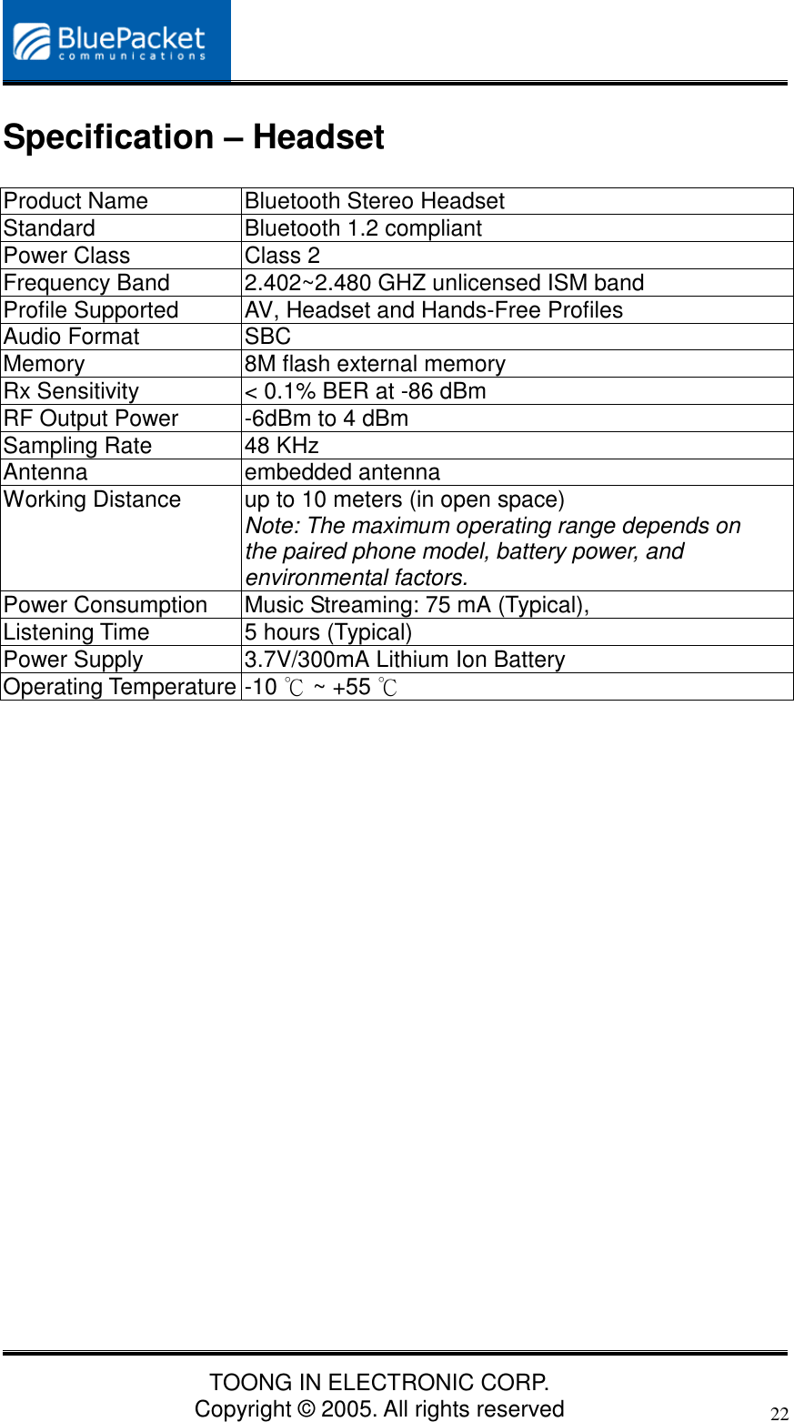 TOONG IN ELECTRONIC CORP.Copyright © 2005. All rights reserved22Specification – HeadsetProduct Name Bluetooth Stereo HeadsetStandard Bluetooth 1.2 compliantPower Class Class 2Frequency Band 2.402~2.480 GHZ unlicensed ISM bandProfile Supported AV, Headset and Hands-Free ProfilesAudio Format SBCMemory 8M flash external memoryRx Sensitivity &lt; 0.1% BER at -86 dBmRF Output Power -6dBm to 4 dBmSampling Rate 48 KHzAntenna embedded antennaWorking Distance up to 10 meters (in open space)Note: The maximum operating range depends onthe paired phone model, battery power, andenvironmental factors.Power Consumption Music Streaming: 75 mA (Typical),Listening Time 5 hours (Typical)Power Supply 3.7V/300mA Lithium Ion BatteryOperating Temperature -10   ~ +55 ℃ ℃