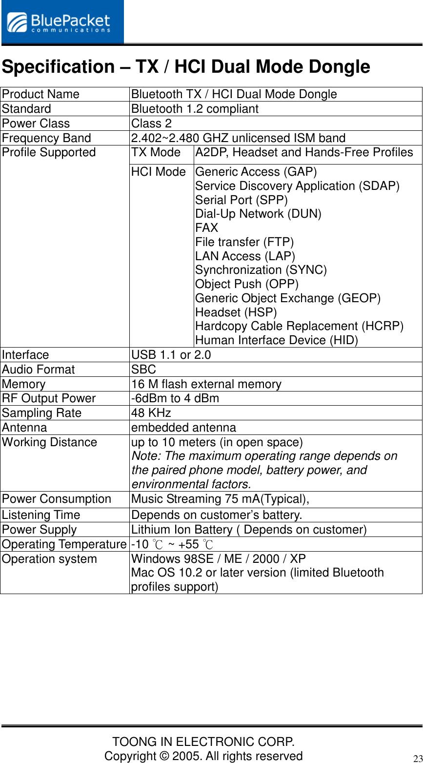 TOONG IN ELECTRONIC CORP.Copyright © 2005. All rights reserved23Specification – TX / HCI Dual Mode DongleProduct Name Bluetooth TX / HCI Dual Mode DongleStandard Bluetooth 1.2 compliantPower Class Class 2Frequency Band 2.402~2.480 GHZ unlicensed ISM bandTX Mode A2DP, Headset and Hands-Free ProfilesProfile SupportedHCI Mode Generic Access (GAP)Service Discovery Application (SDAP)Serial Port (SPP)Dial-Up Network (DUN)FAXFile transfer (FTP)LAN Access (LAP)Synchronization (SYNC)Object Push (OPP)Generic Object Exchange (GEOP)Headset (HSP)Hardcopy Cable Replacement (HCRP)Human Interface Device (HID)Interface USB 1.1 or 2.0Audio Format SBCMemory 16 M flash external memoryRF Output Power -6dBm to 4 dBmSampling Rate 48 KHzAntenna embedded antennaWorking Distance up to 10 meters (in open space)Note: The maximum operating range depends onthe paired phone model, battery power, andenvironmental factors.Power Consumption Music Streaming 75 mA(Typical),Listening Time Depends on customer’s battery.Power Supply Lithium Ion Battery ( Depends on customer)Operating Temperature -10   ~ +55 ℃ ℃Operation system Windows 98SE / ME / 2000 / XPMac OS 10.2 or later version (limited Bluetoothprofiles support)