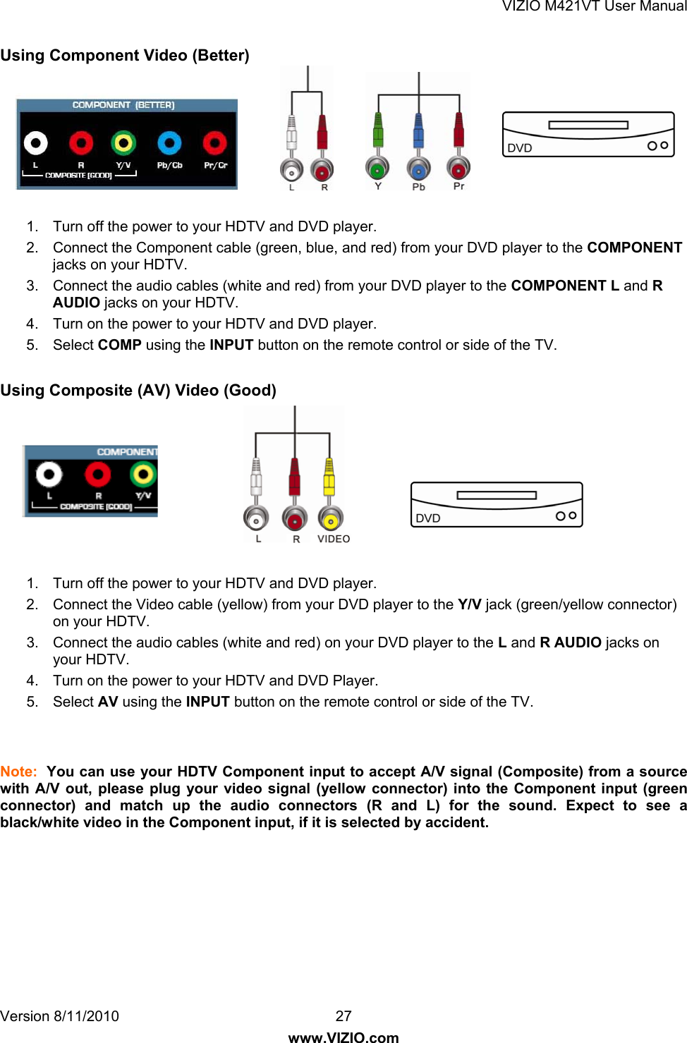 VIZIO M421VT User Manual Version 8/11/2010  27   www.VIZIO.com Using Component Video (Better)        1.  Turn off the power to your HDTV and DVD player. 2.  Connect the Component cable (green, blue, and red) from your DVD player to the COMPONENT jacks on your HDTV. 3.  Connect the audio cables (white and red) from your DVD player to the COMPONENT L and R AUDIO jacks on your HDTV. 4.  Turn on the power to your HDTV and DVD player. 5. Select COMP using the INPUT button on the remote control or side of the TV.  Using Composite (AV) Video (Good)         1.  Turn off the power to your HDTV and DVD player. 2.  Connect the Video cable (yellow) from your DVD player to the Y/V jack (green/yellow connector) on your HDTV. 3.  Connect the audio cables (white and red) on your DVD player to the L and R AUDIO jacks on your HDTV. 4.  Turn on the power to your HDTV and DVD Player. 5. Select AV using the INPUT button on the remote control or side of the TV.   Note:  You can use your HDTV Component input to accept A/V signal (Composite) from a source with A/V out, please plug your video signal (yellow connector) into the Component input (green connector) and match up the audio connectors (R and L) for the sound. Expect to see a black/white video in the Component input, if it is selected by accident. 