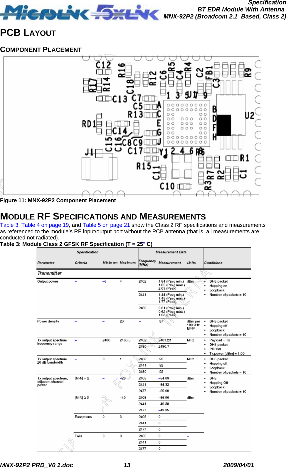  MNX-92P2 PRD_V0 1.doc  13  2009/04/01      SpecificationBT EDR Module With Antenna MNX-92P2 (Broadcom 2.1  Based, Class 2)PCB LAYOUT  COMPONENT PLACEMENT  Figure 11: MNX-92P2 Component Placement  MODULE RF SPECIFICATIONS AND MEASUREMENTS Table 3, Table 4 on page 19, and Table 5 on page 21 show the Class 2 RF specifications and measurements as referenced to the module’s RF input/output port without the PCB antenna (that is, all measurements are conducted not radiated). Table 3: Module Class 2 GFSK RF Specification (T = 25° C)  